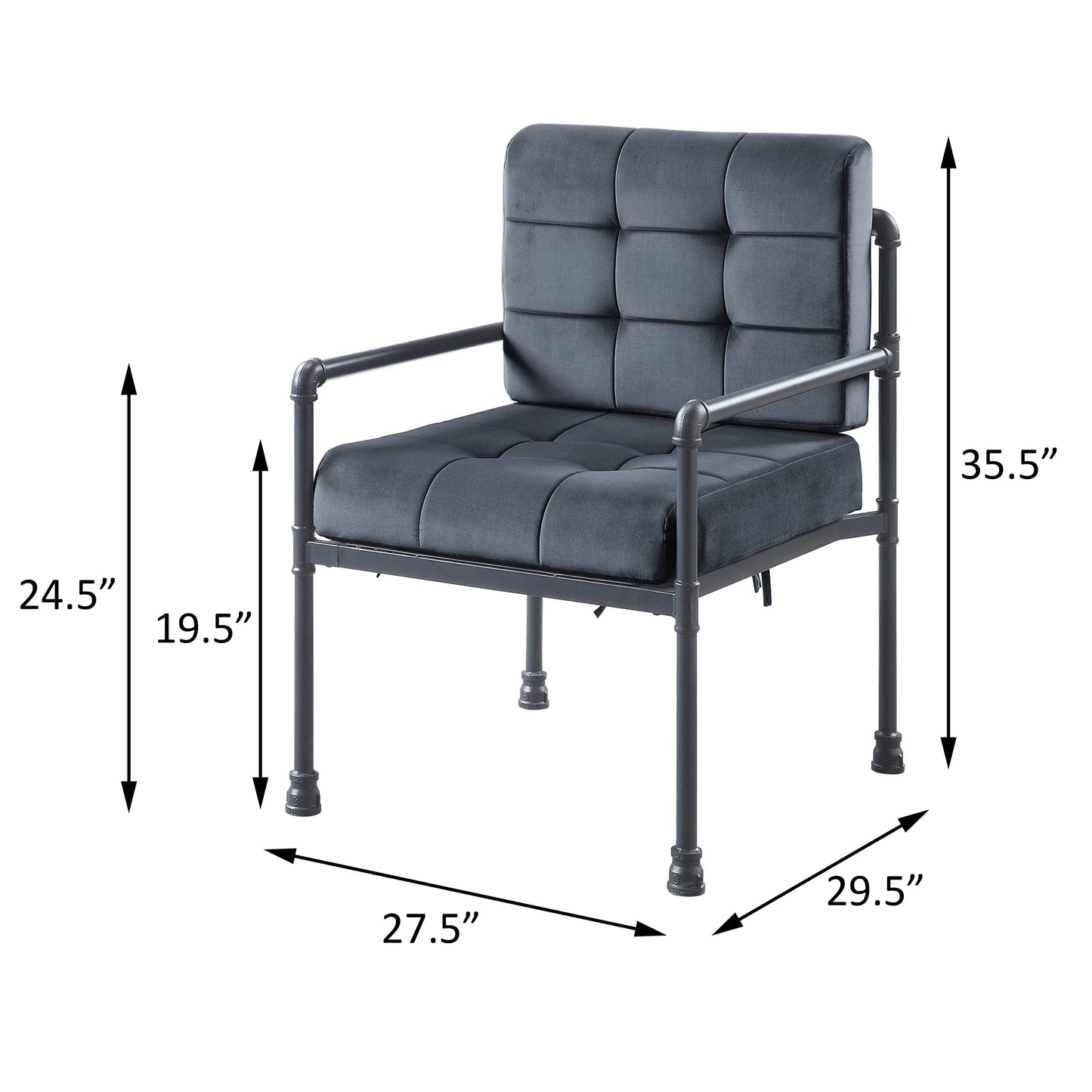 Tufted dark grey velvet accent chair with black metal pipe frame