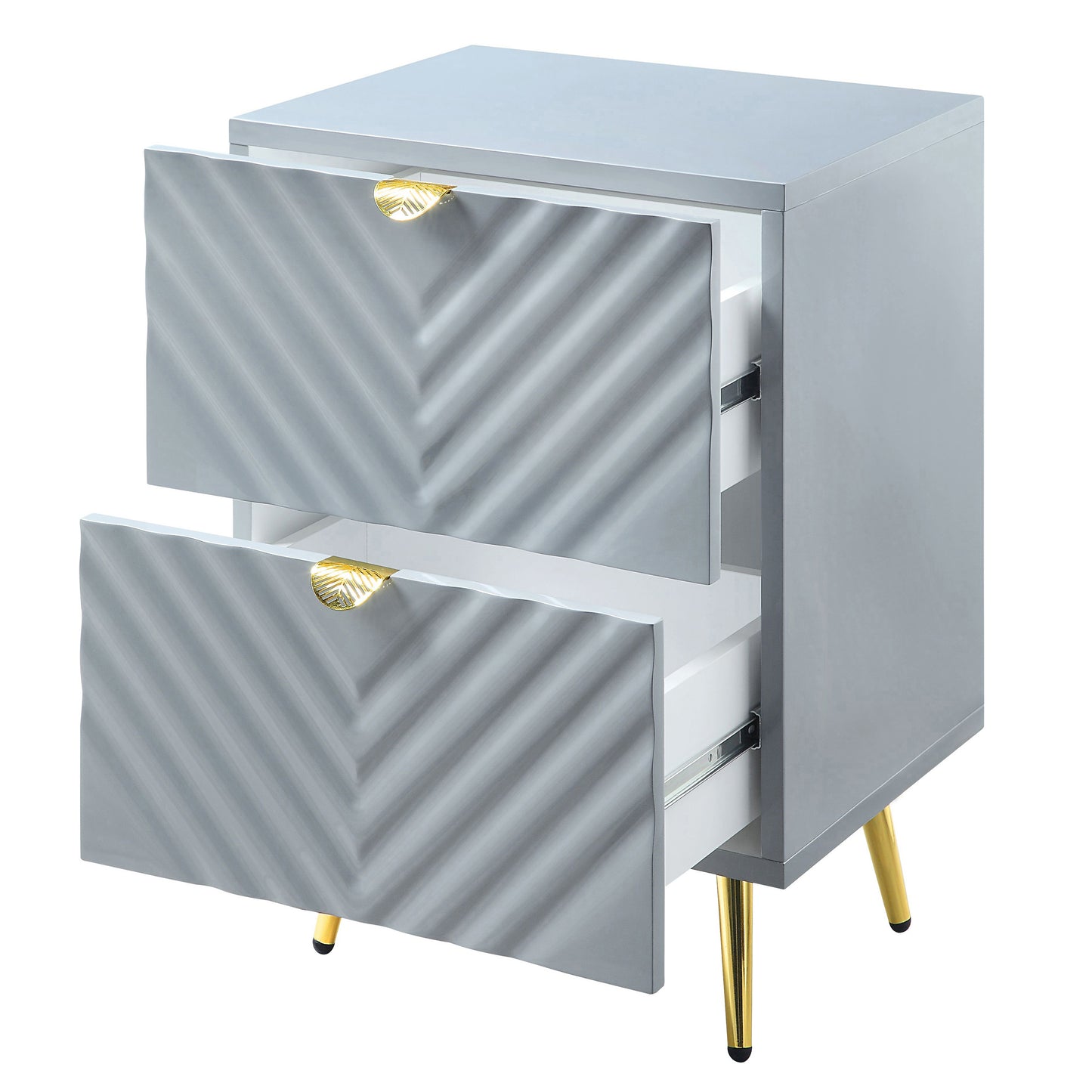 Modern grey twodrawer nightstand with textured drawer fronts and gold leaf handles