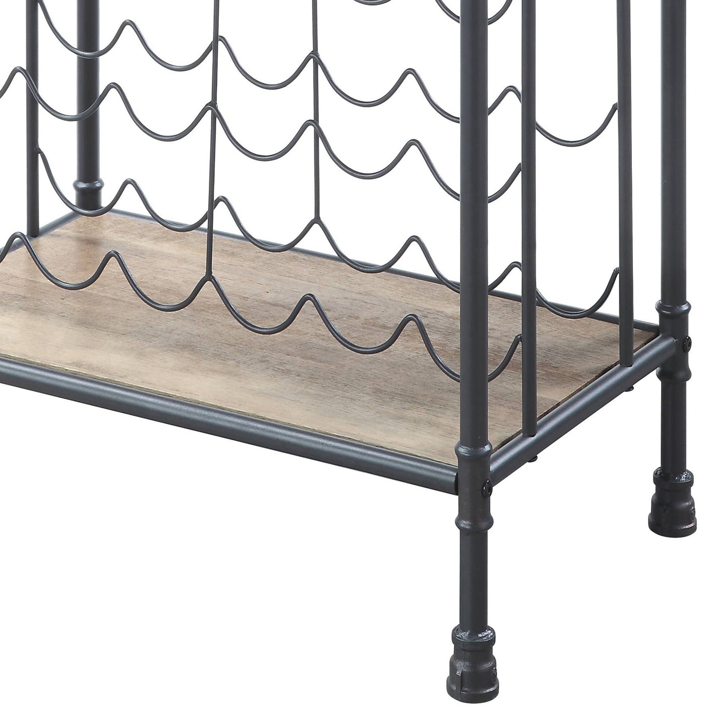 Black metal wine rack with rustic wood shelf industrial style