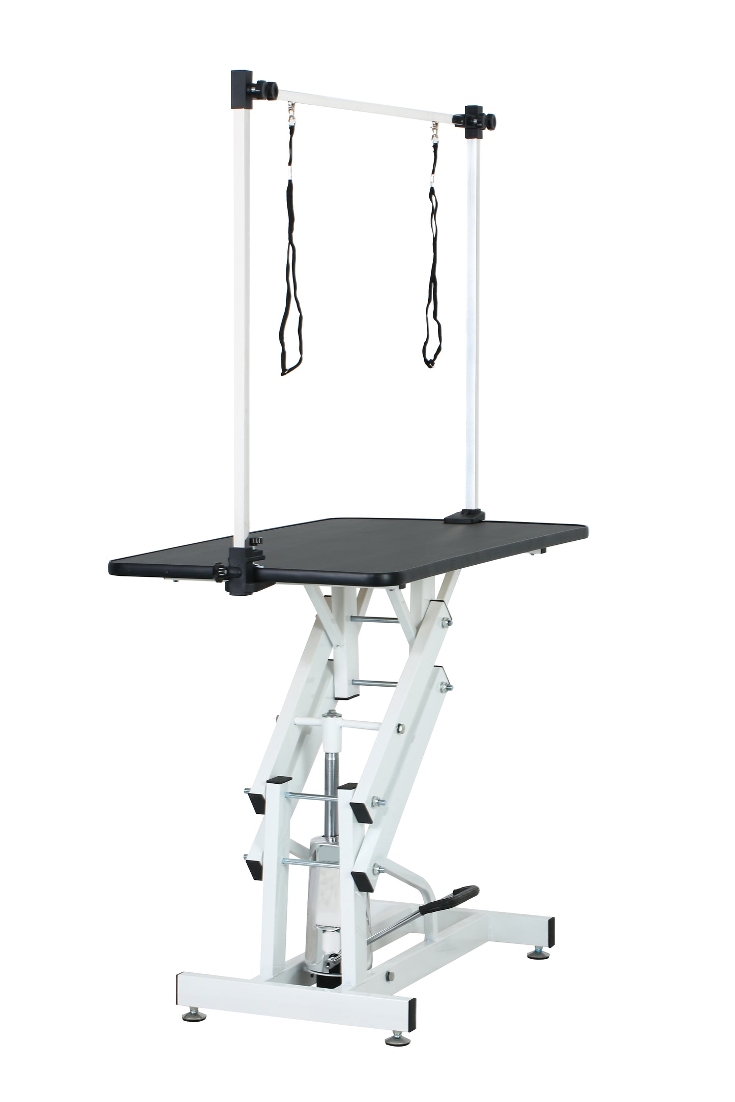 Adjustable electric grooming table with harness straps for secure pet handling