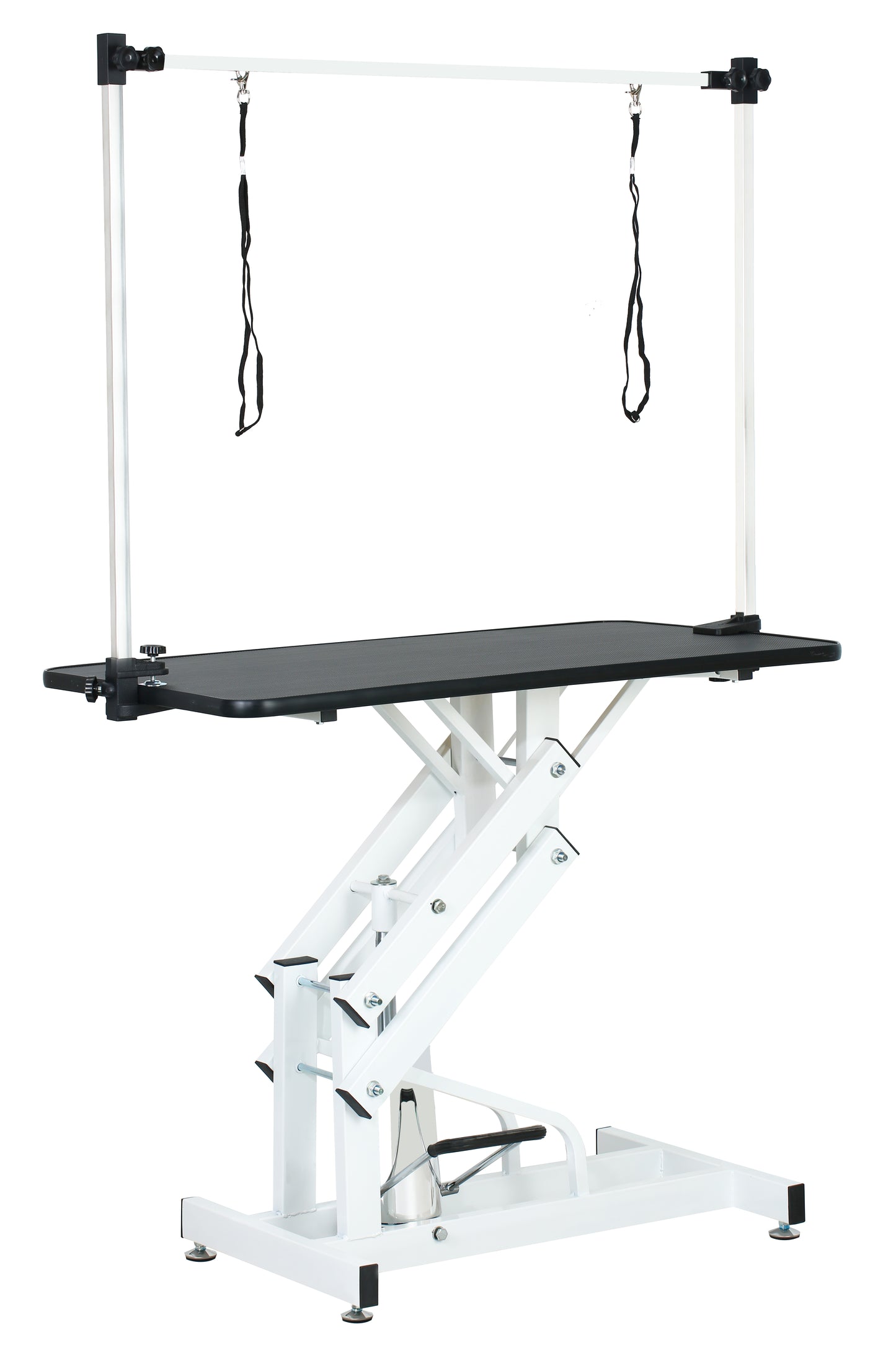 Adjustable grooming table with black surface and adjustable straps for pet grooming