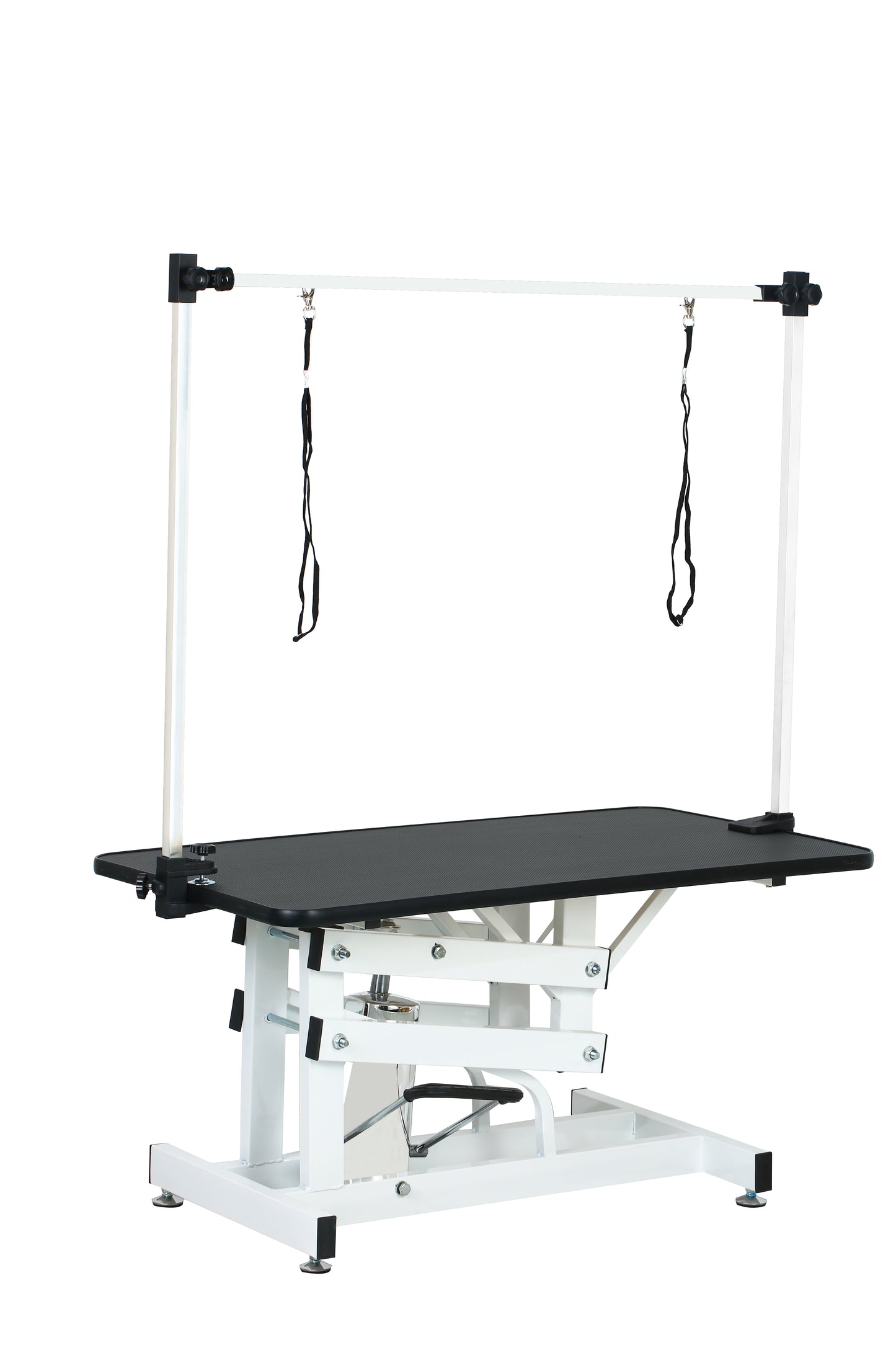 Adjustable height black grooming table with white frame and restraints