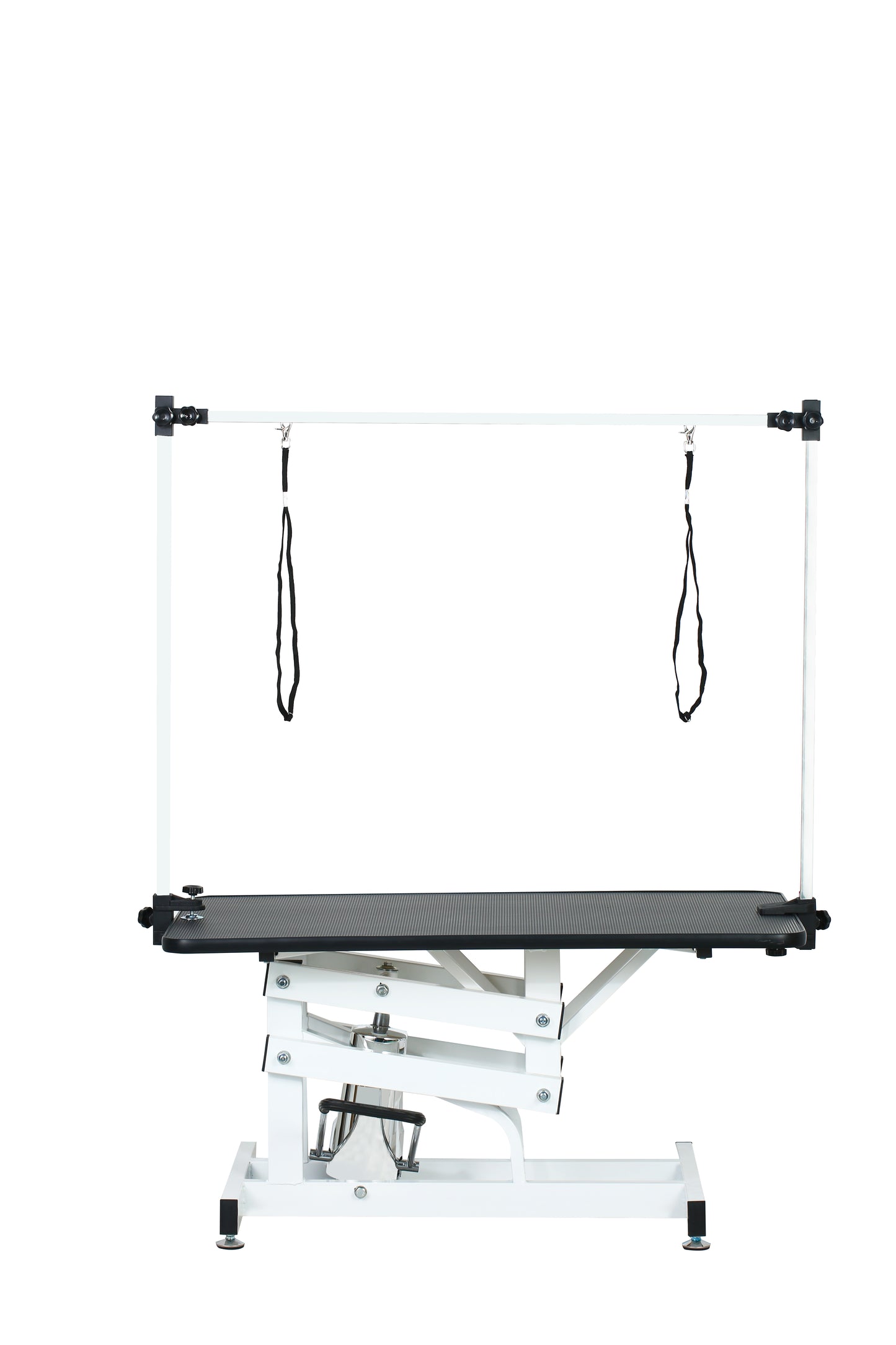 Adjustable dog grooming table with arm and restraints white frame