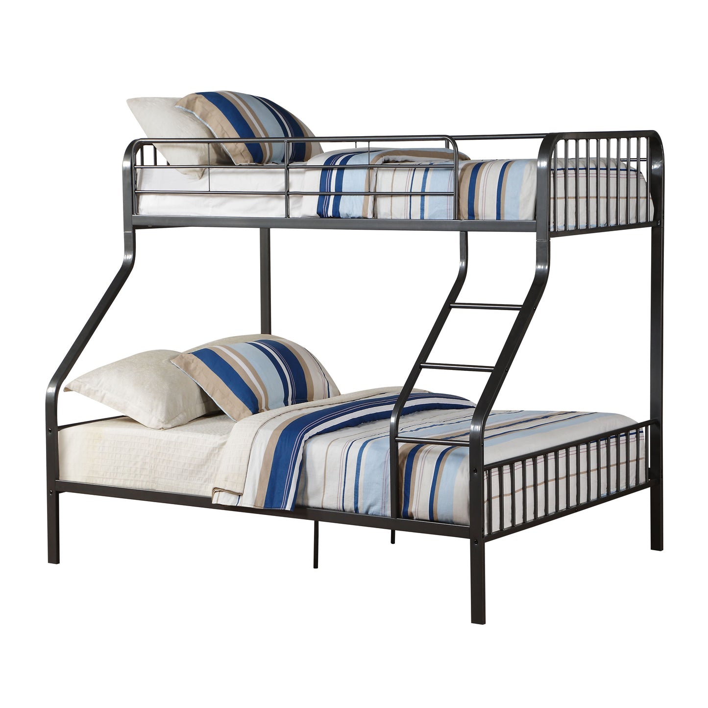 Black metal bunk bed with striped blue beige and white bedding