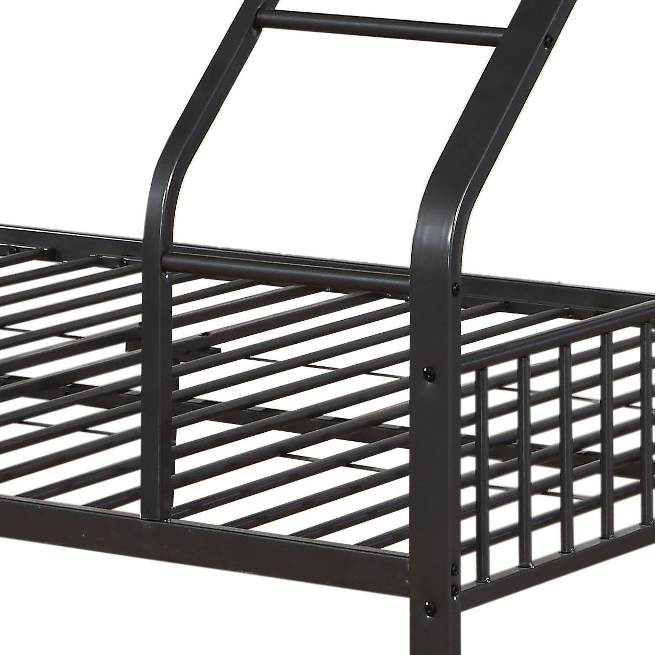 Closeup of a black metal bunk bed frame showing ladder and slatted base