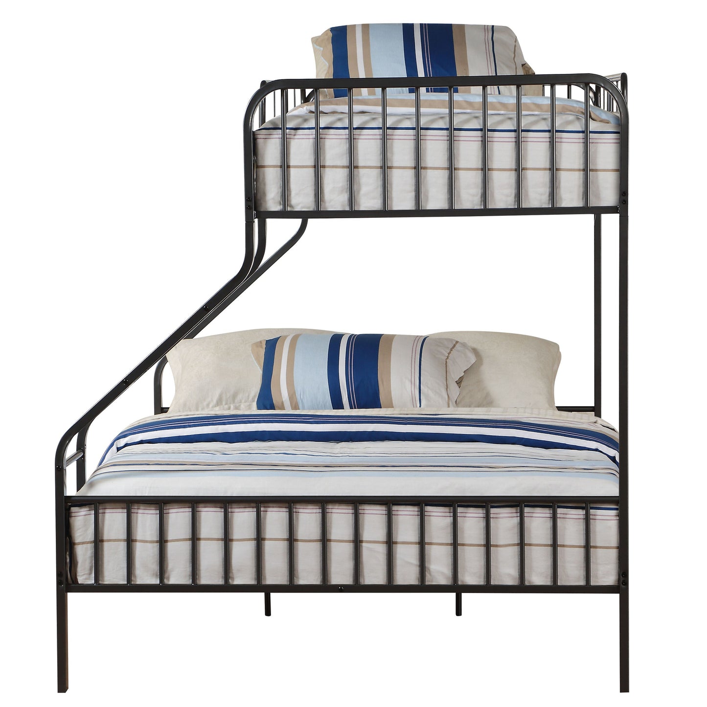 Black metal twinovertwin bunk bed with striped bedding and pillows