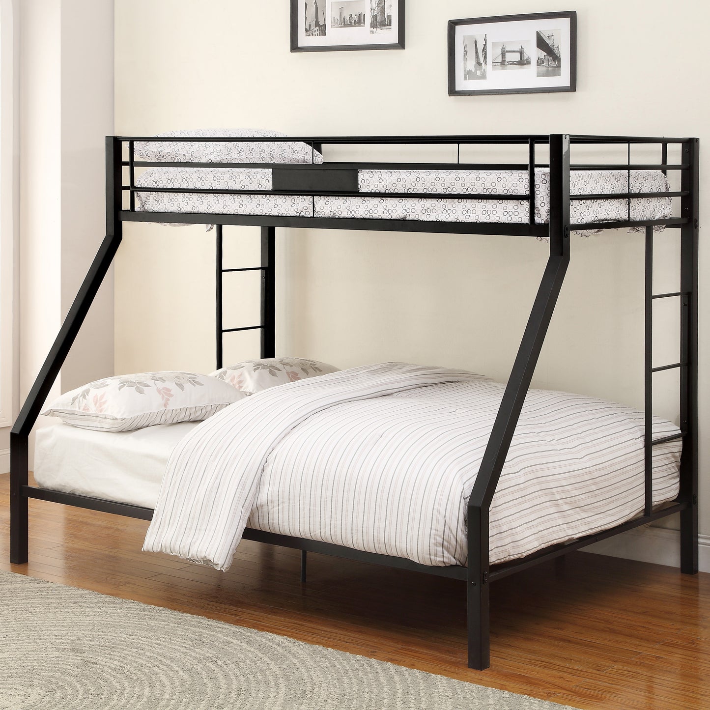 Black metal bunk bed with twin mattresses and decorative pillows spacesaving bedroom furniture