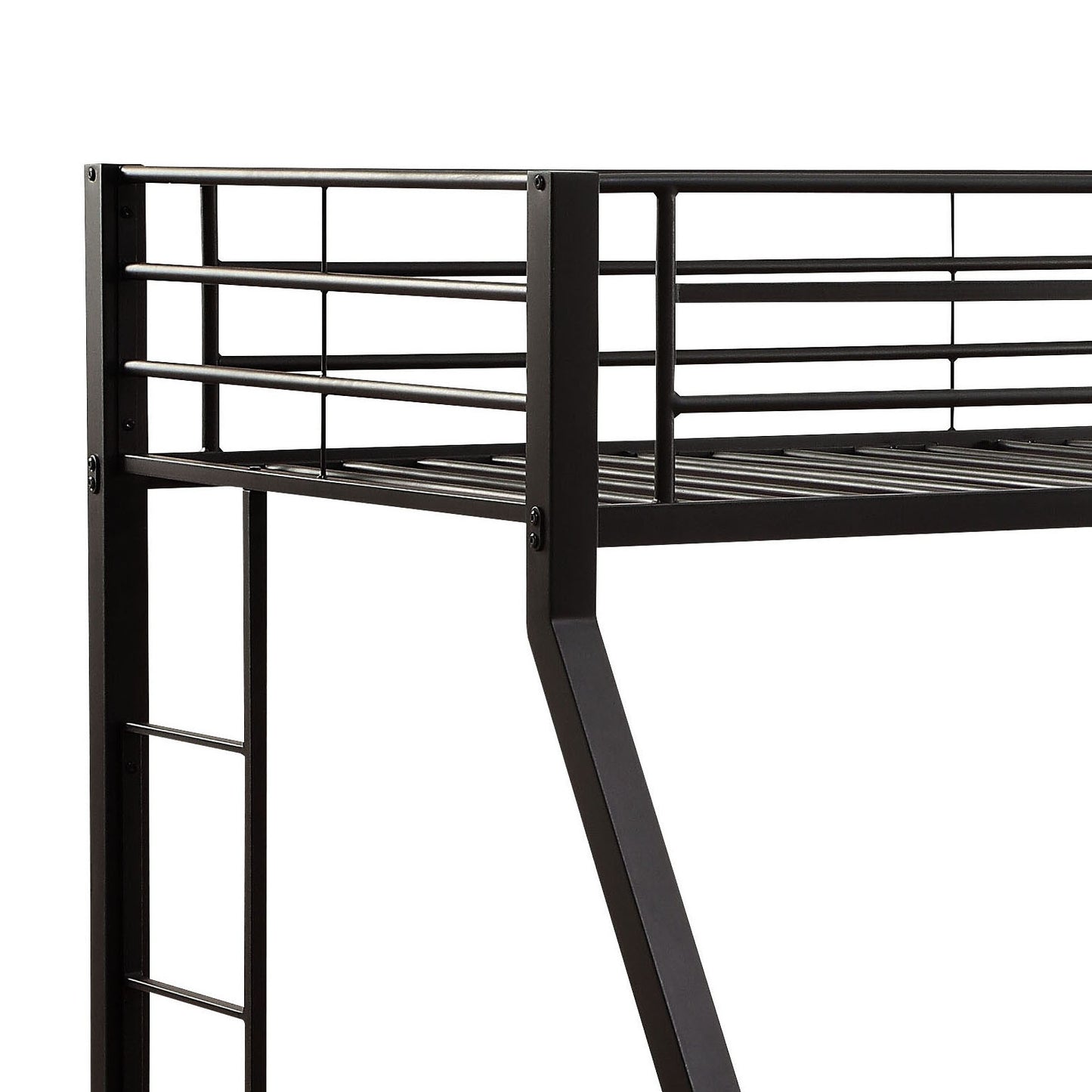 Black metal bunk bed frame with horizontal slats and safety rails