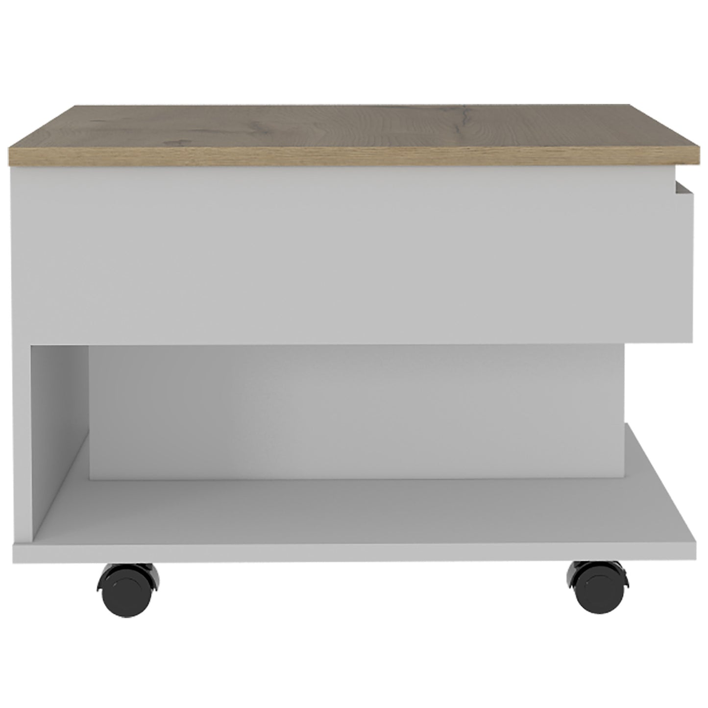 Modern white rolling coffee table with oak wood top and open shelving