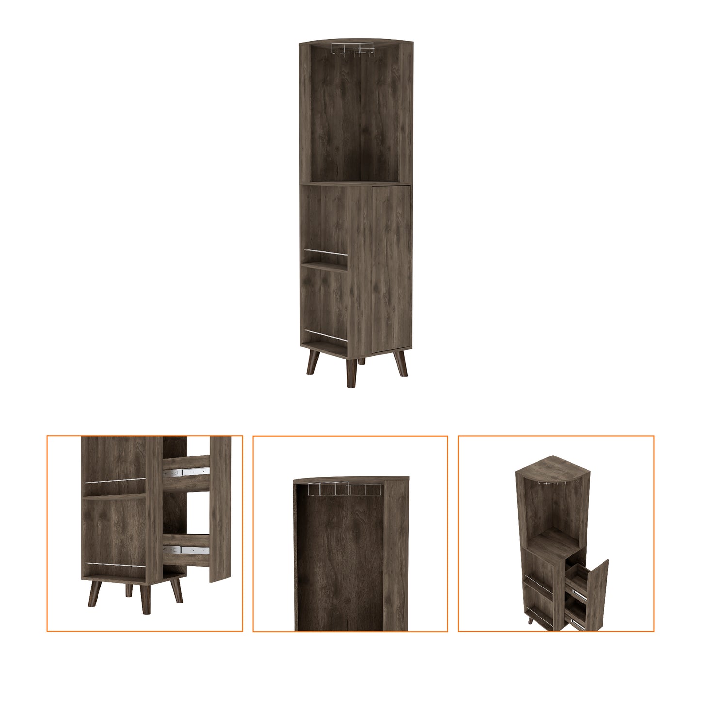 Rustic brown corner bar cabinet with wine glass rack and pullout drawers