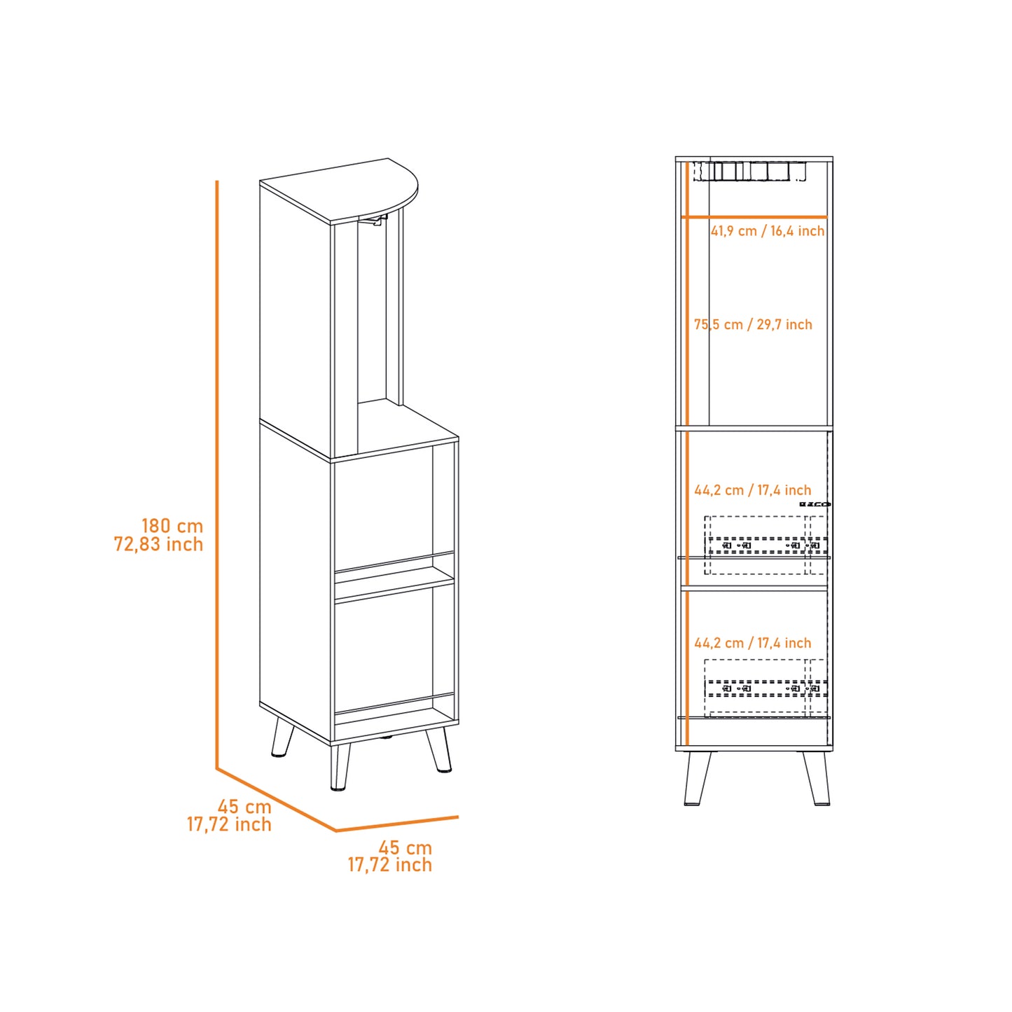 Line drawing of a tall narrow cabinet with open shelving and drawers cm height