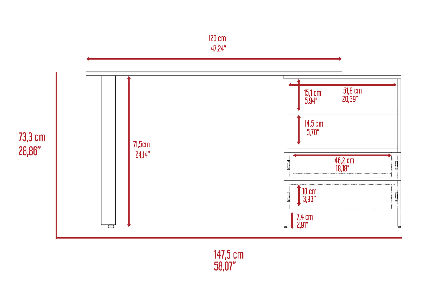 Diagram shows a modern desk with storage total length cm