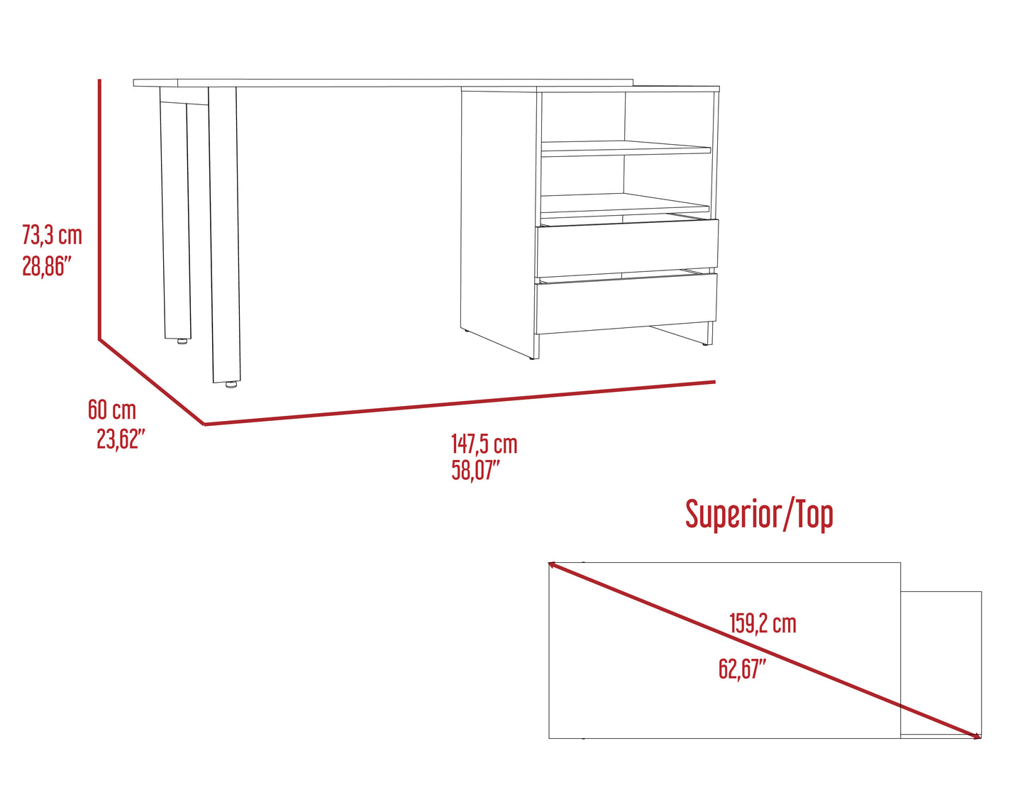 Modern desk with storage drawers and shelves cm long white finish