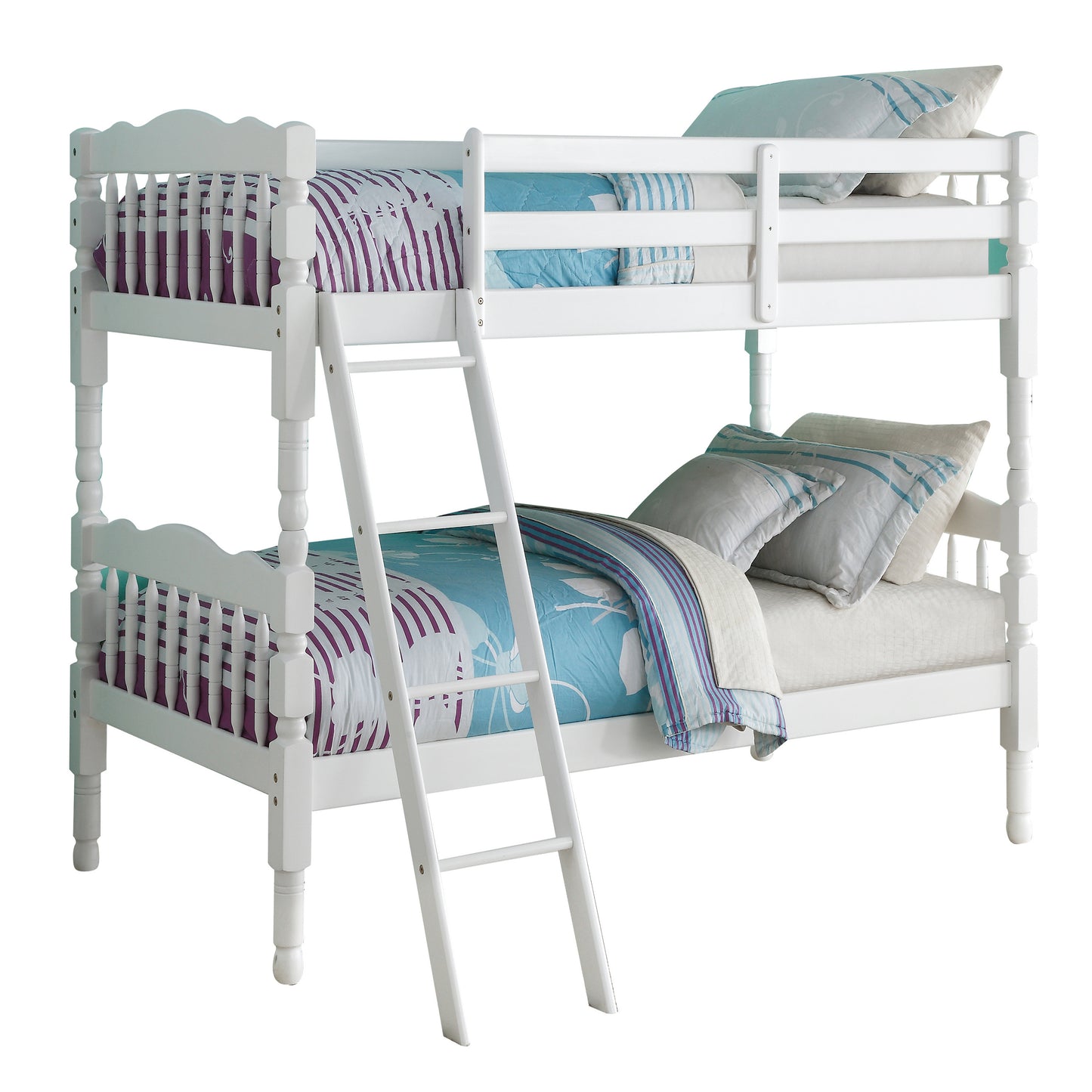White wooden twin bunk bed with ladder and striped bedding perfect for kids rooms