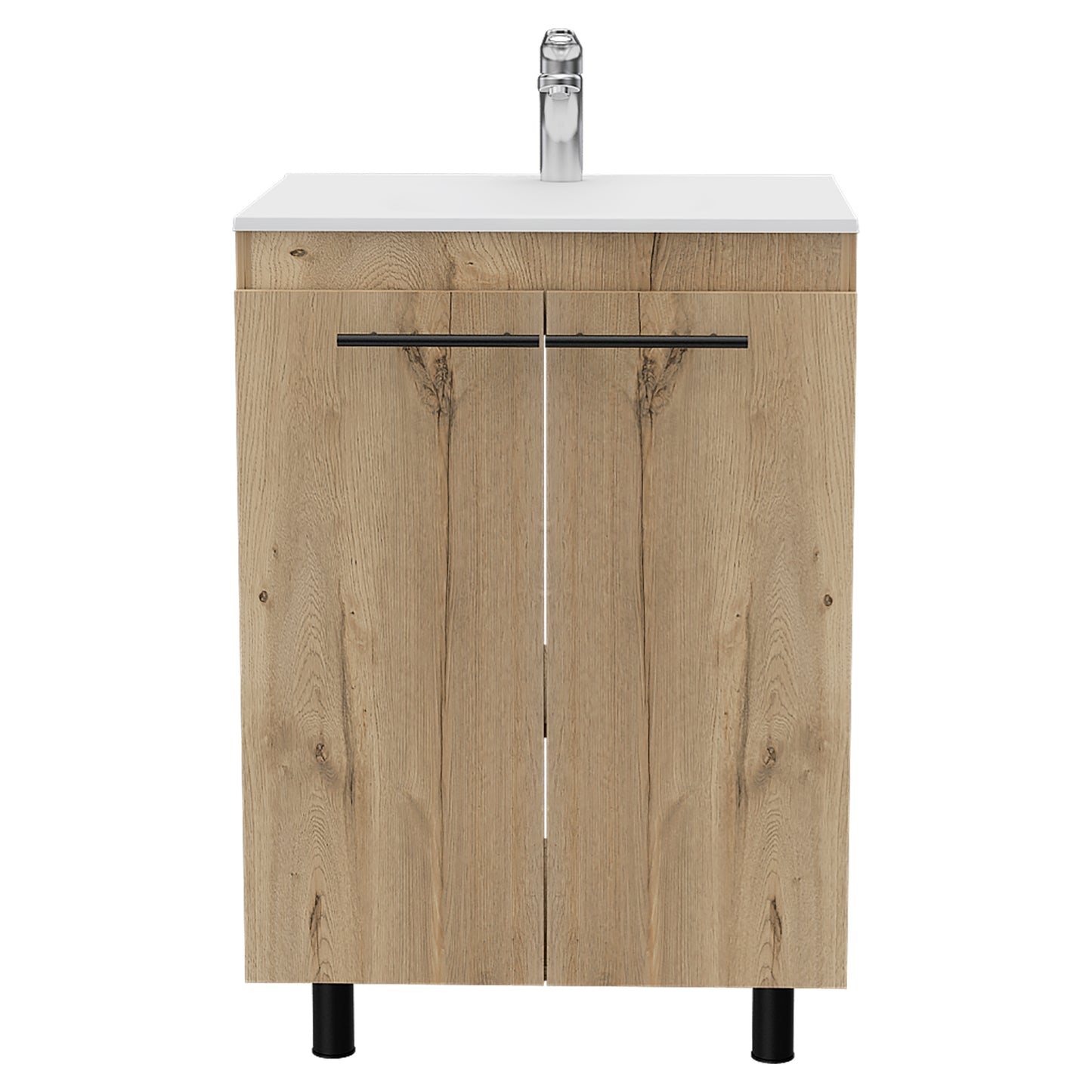 Light oak vanity with white top and chrome faucet doors