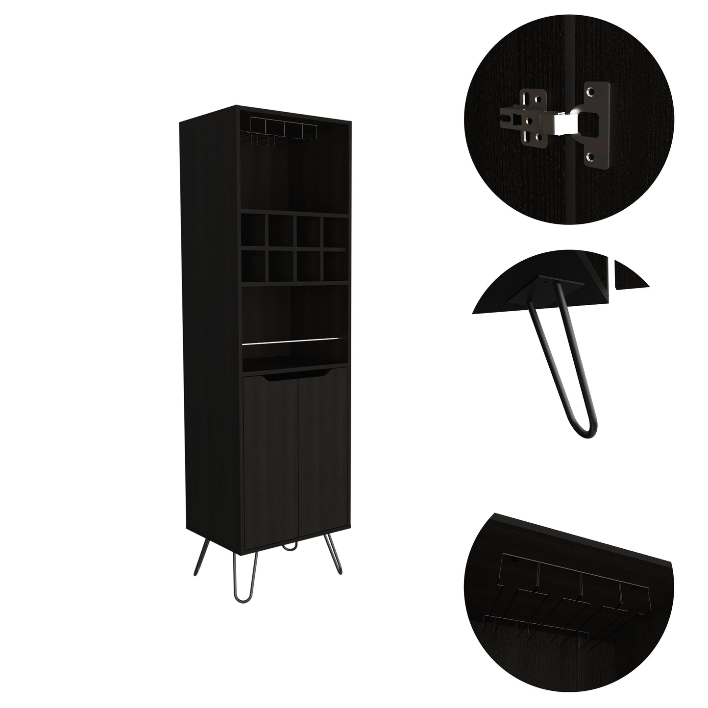 Tall black bar cabinet with wine racks bottle storage and doors on hairpin legs