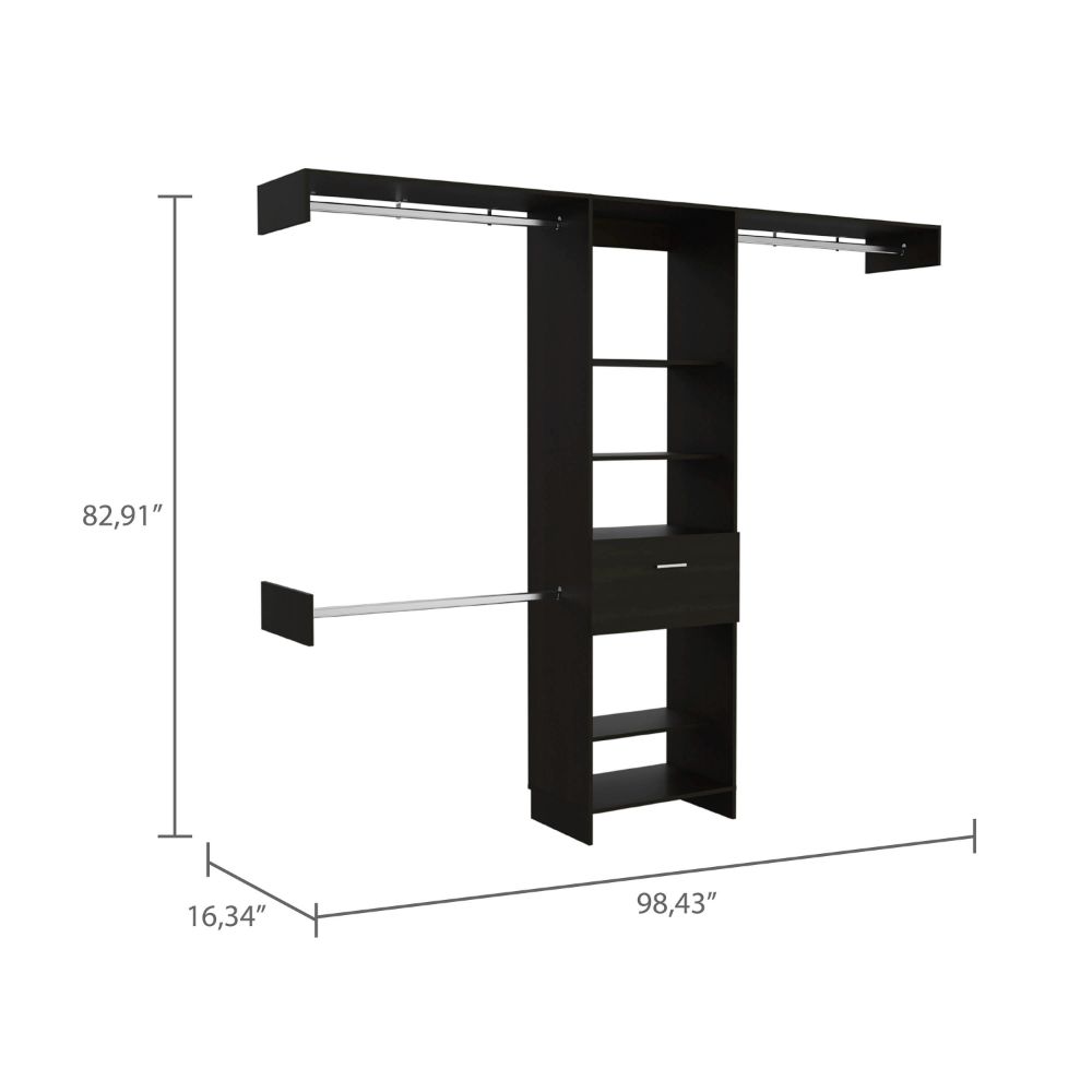 Dark wood closet system with shelves and hanging rods