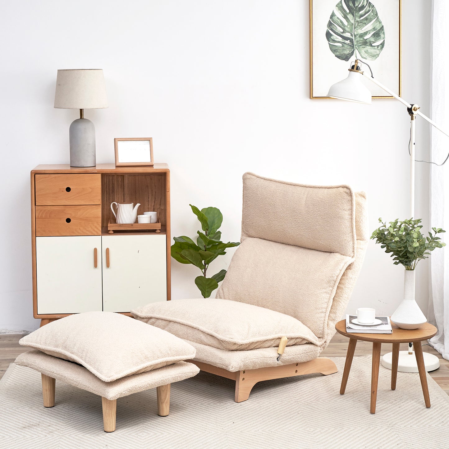 Plush beige accent chair with adjustable recline and matching ottoman for cozy living room relaxation