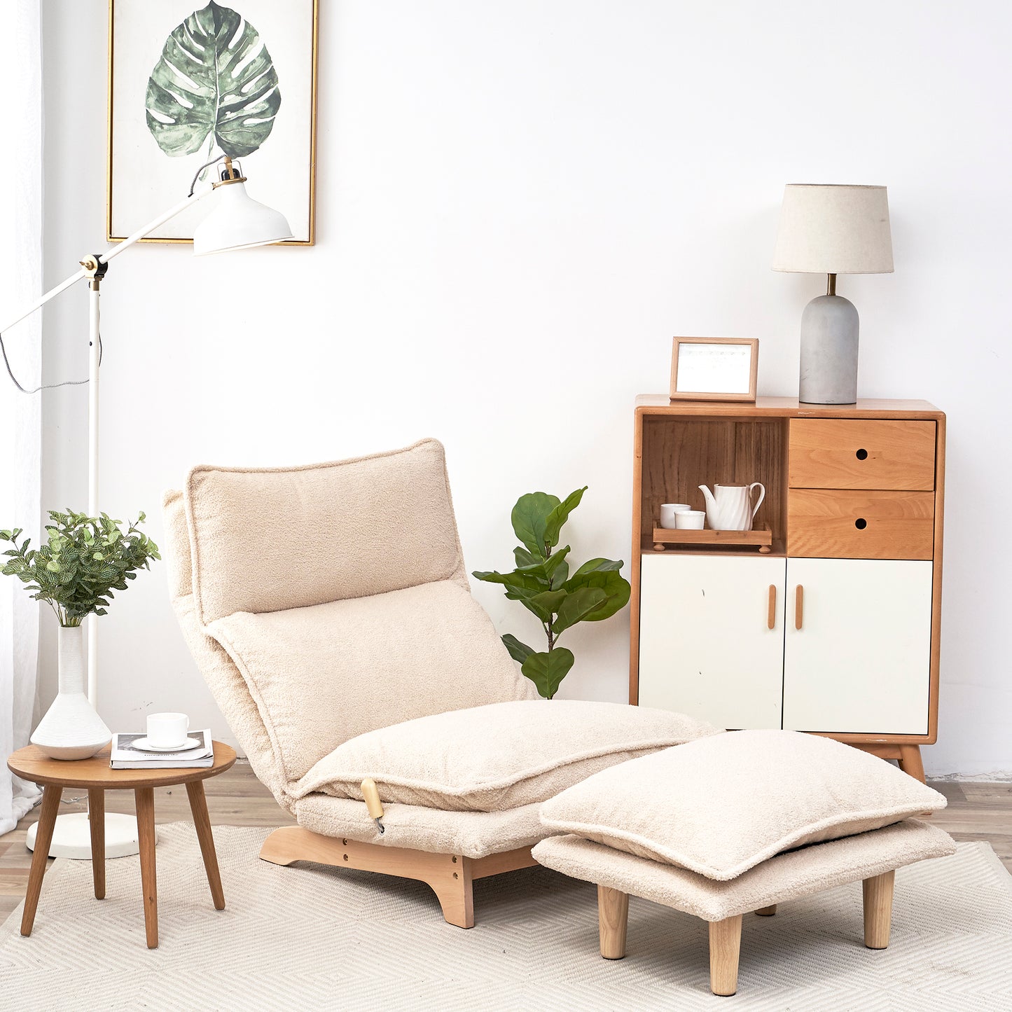 Plush cream chaise lounge chair with ottoman perfect for relaxation