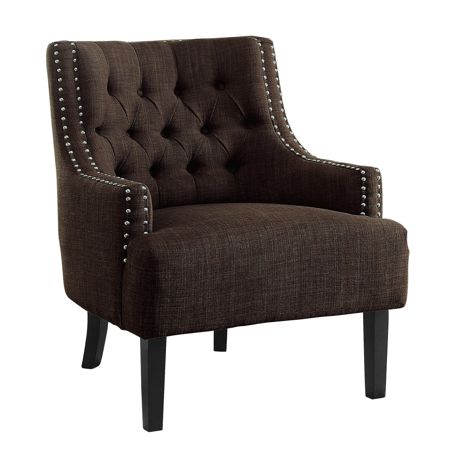 Dark brown tufted accent chair with nailhead trim on a white background