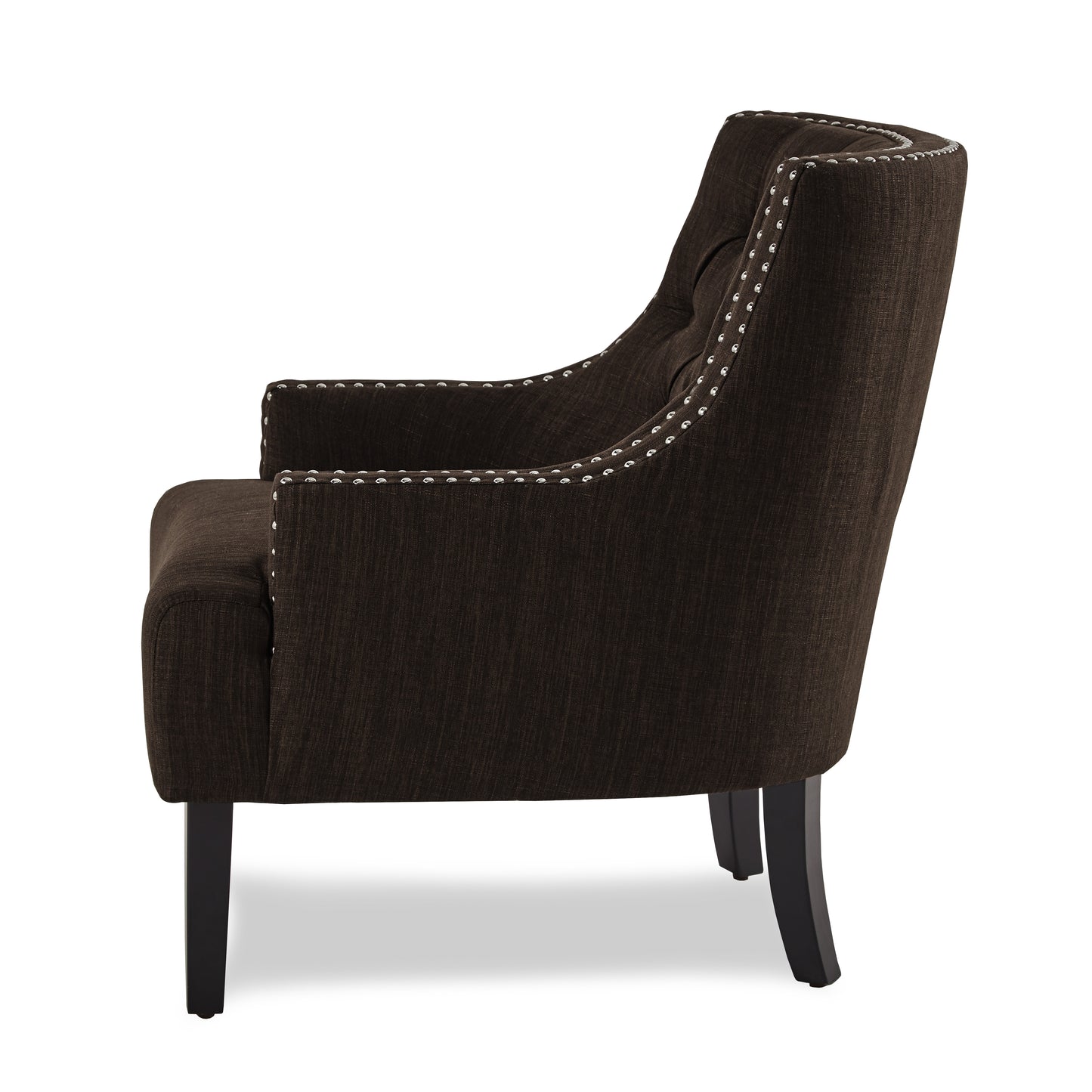 Dark brown fabric armchair with silver stud accents and tufted back