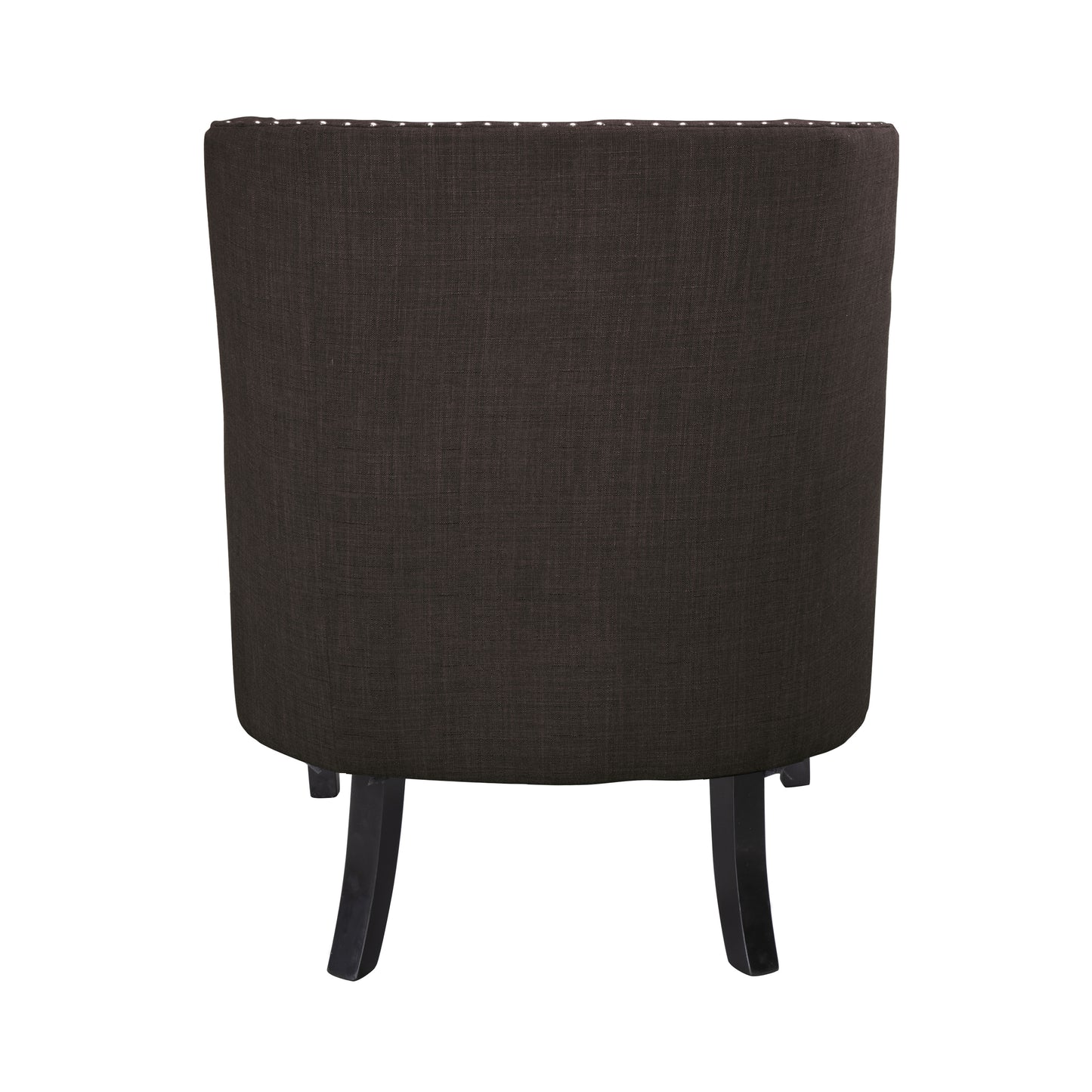 Dark brown fabric accent chair with studded back and black wooden legs