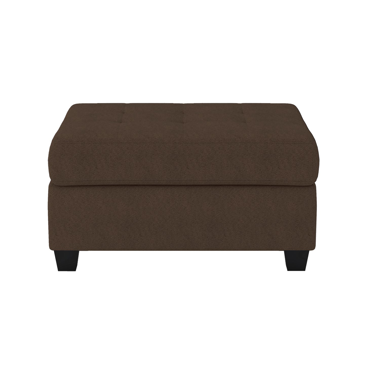 Tufted brown fabric ottoman with square shape and short black legs