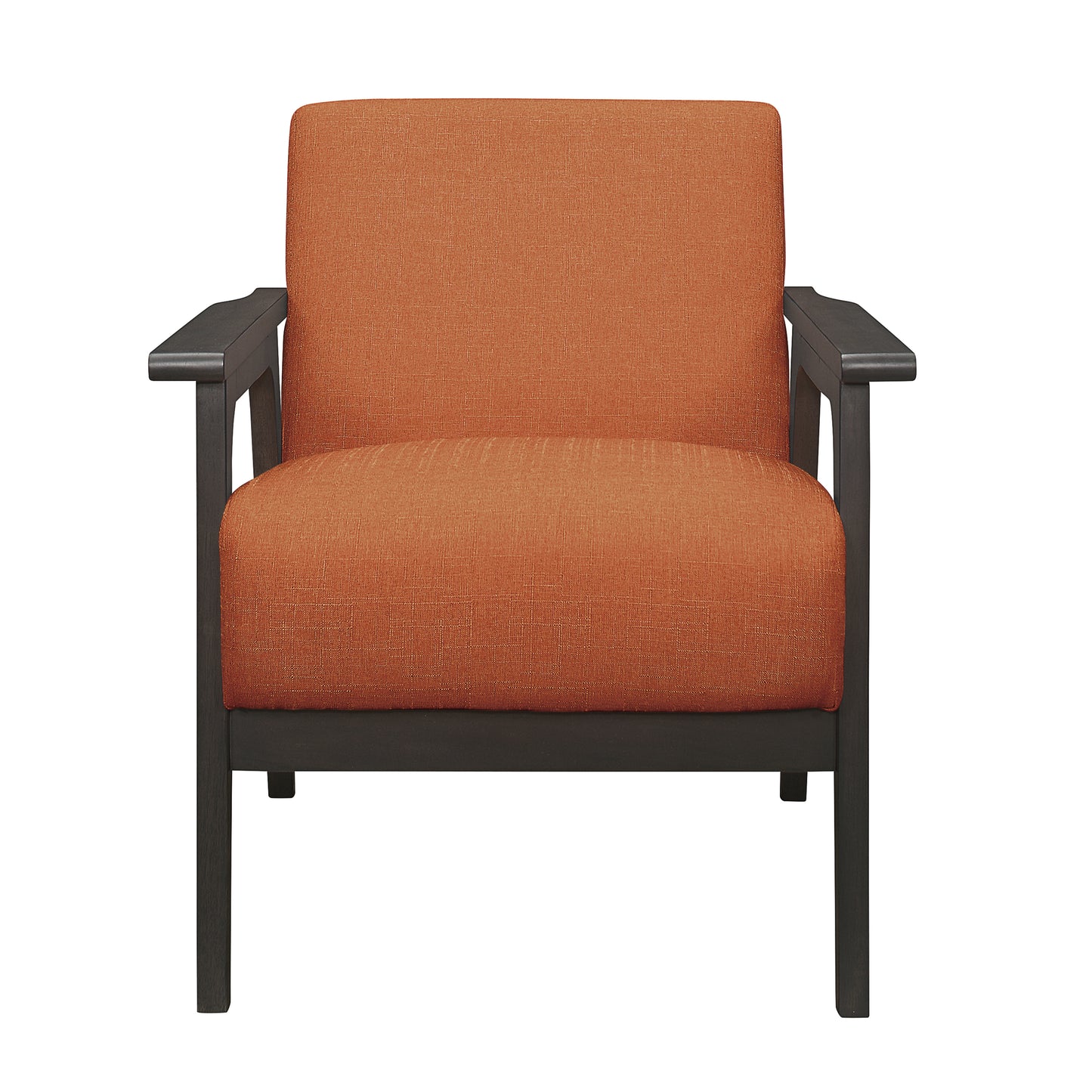 Modern armchair with burnt orange fabric upholstery and dark wood frame