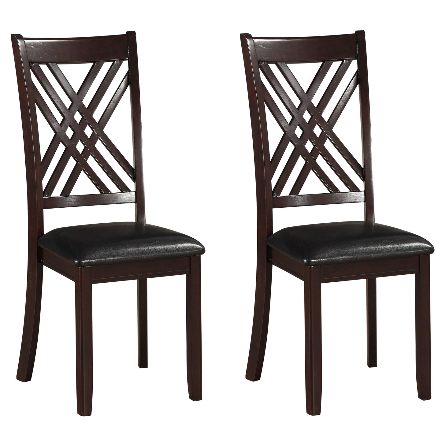 Pair of dark brown wooden dining chairs with black faux leather seats and crisscross backrests