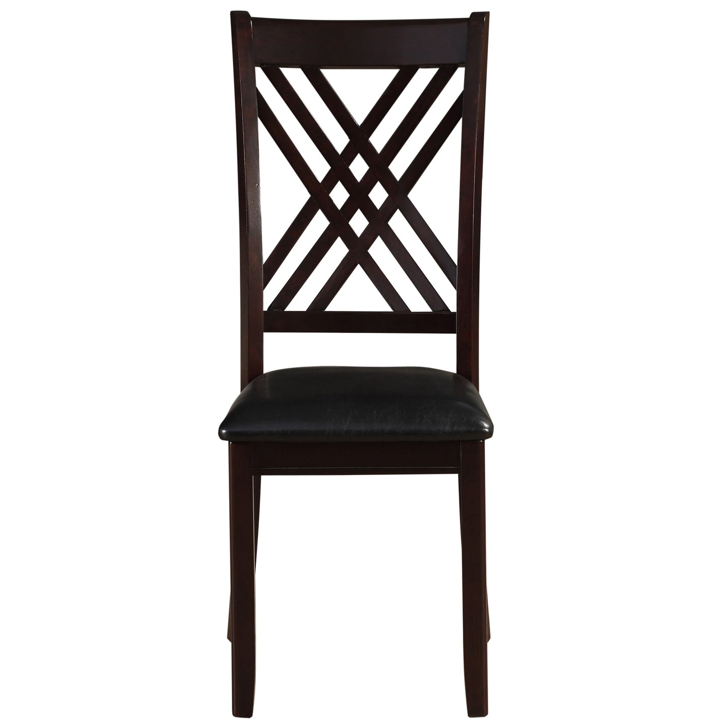 Dark wood dining chair with black faux leather seat and lattice back design