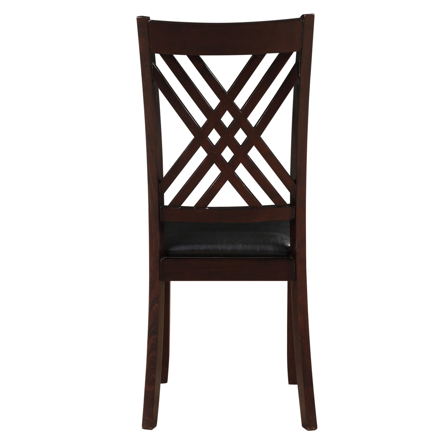 Dark wood dining chair with crosshatched back and black seat
