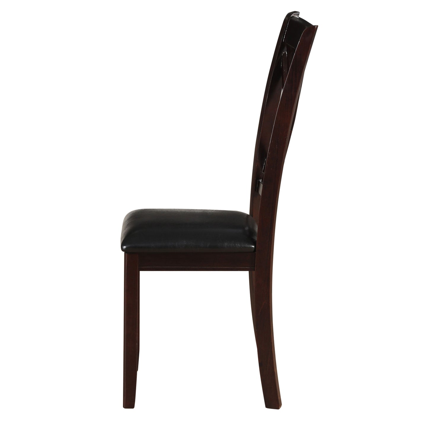 Dark wood dining chair with black upholstered seat side view