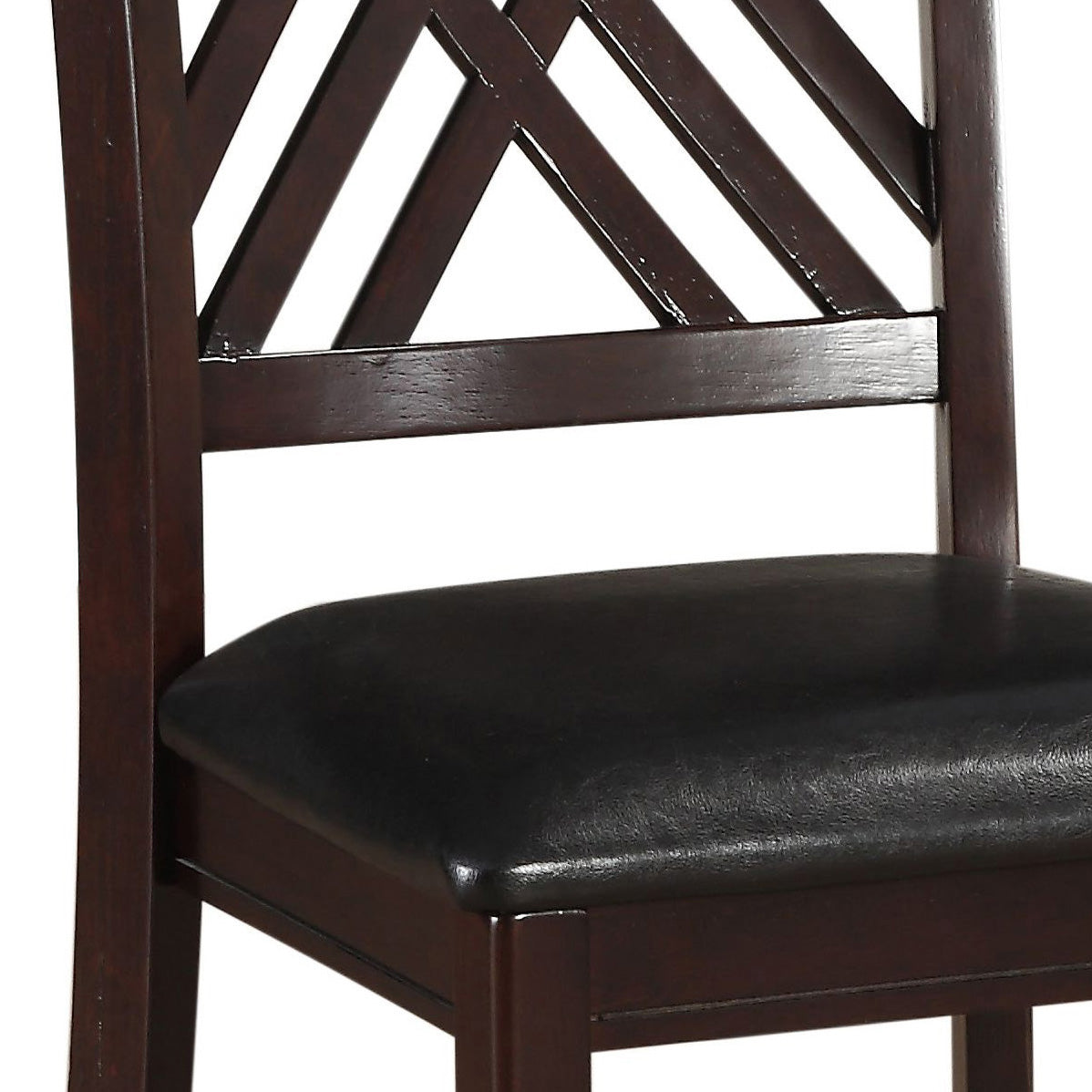 Dark mahogany wood dining chair with faux leather seat and lattice back detail