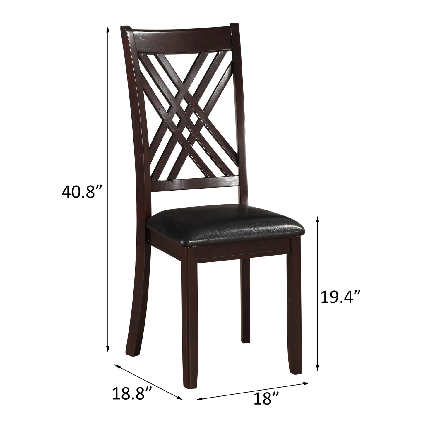 Dark brown wooden dining chair with black faux leather seat and lattice back