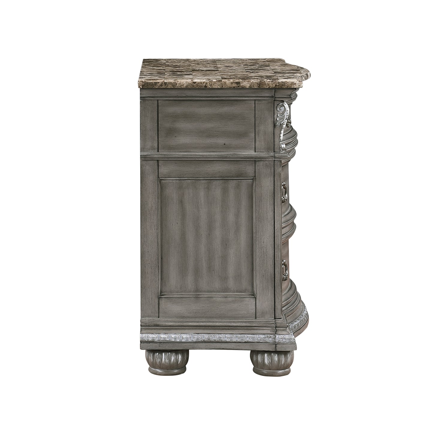 Gray carved wood dresser with a marble top and ornate hardware