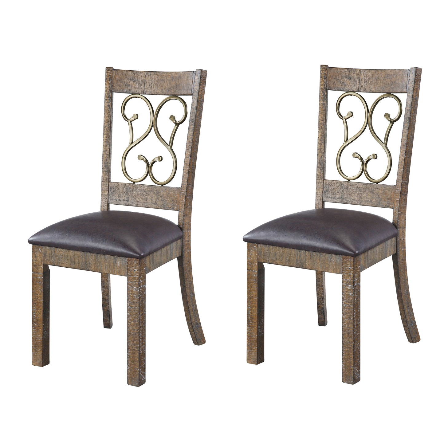 Two distressed wood dining chairs with dark brown faux leather seats and ornate gold scroll back accents