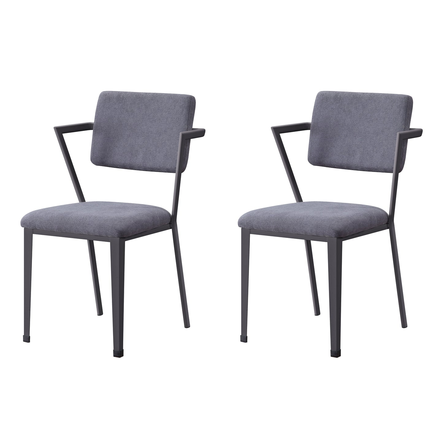 Two grey upholstered dining chairs with dark metal frames ideal for modern kitchens