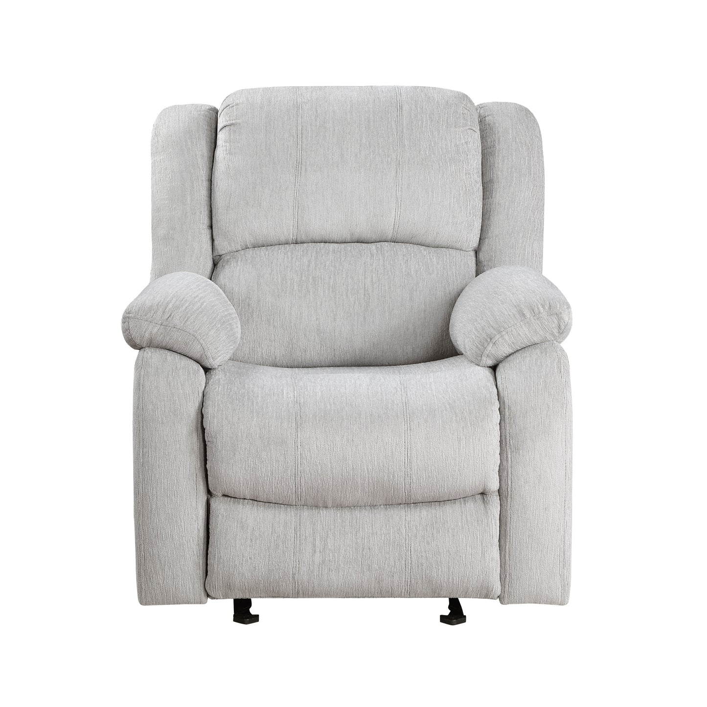 Light gray fabric recliner chair with padded arms and headrest