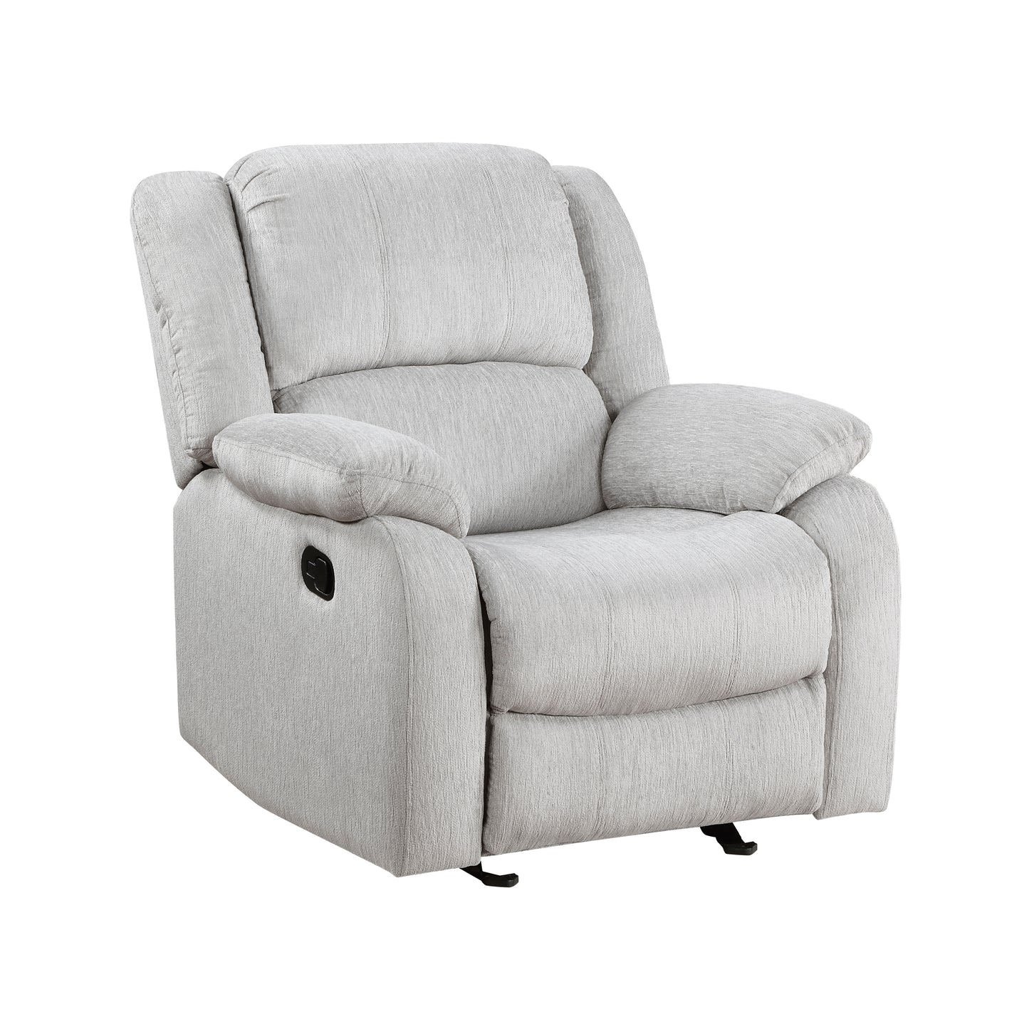 Comfortable light grey fabric recliner chair with padded arms and headrest for ultimate relaxation