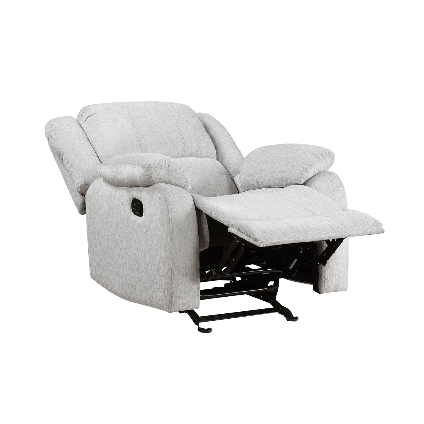 Light gray fabric recliner chair with reclined footrest and visible metal mechanism