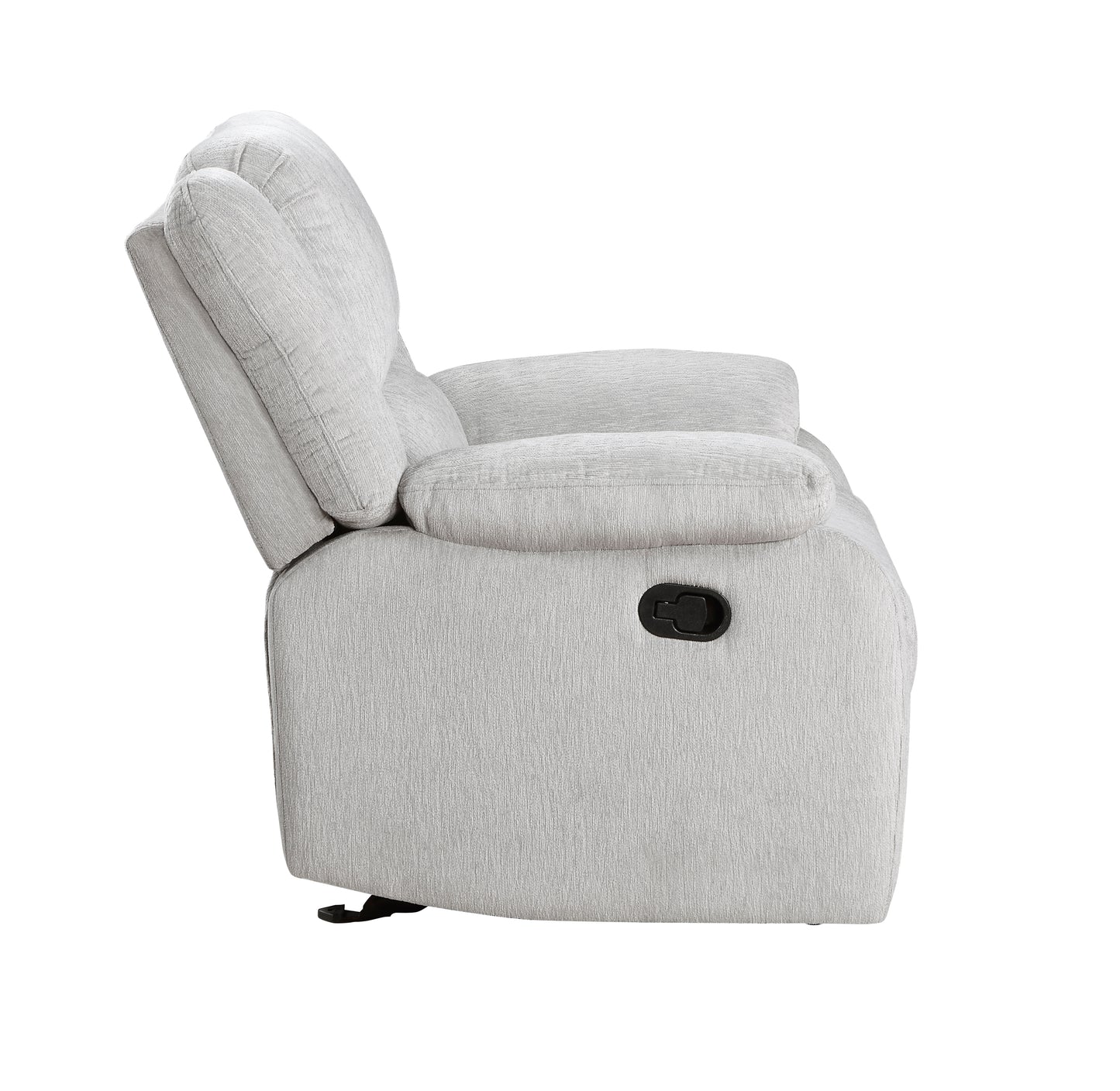 Light gray fabric recliner chair with a black lever for reclining in a side profile