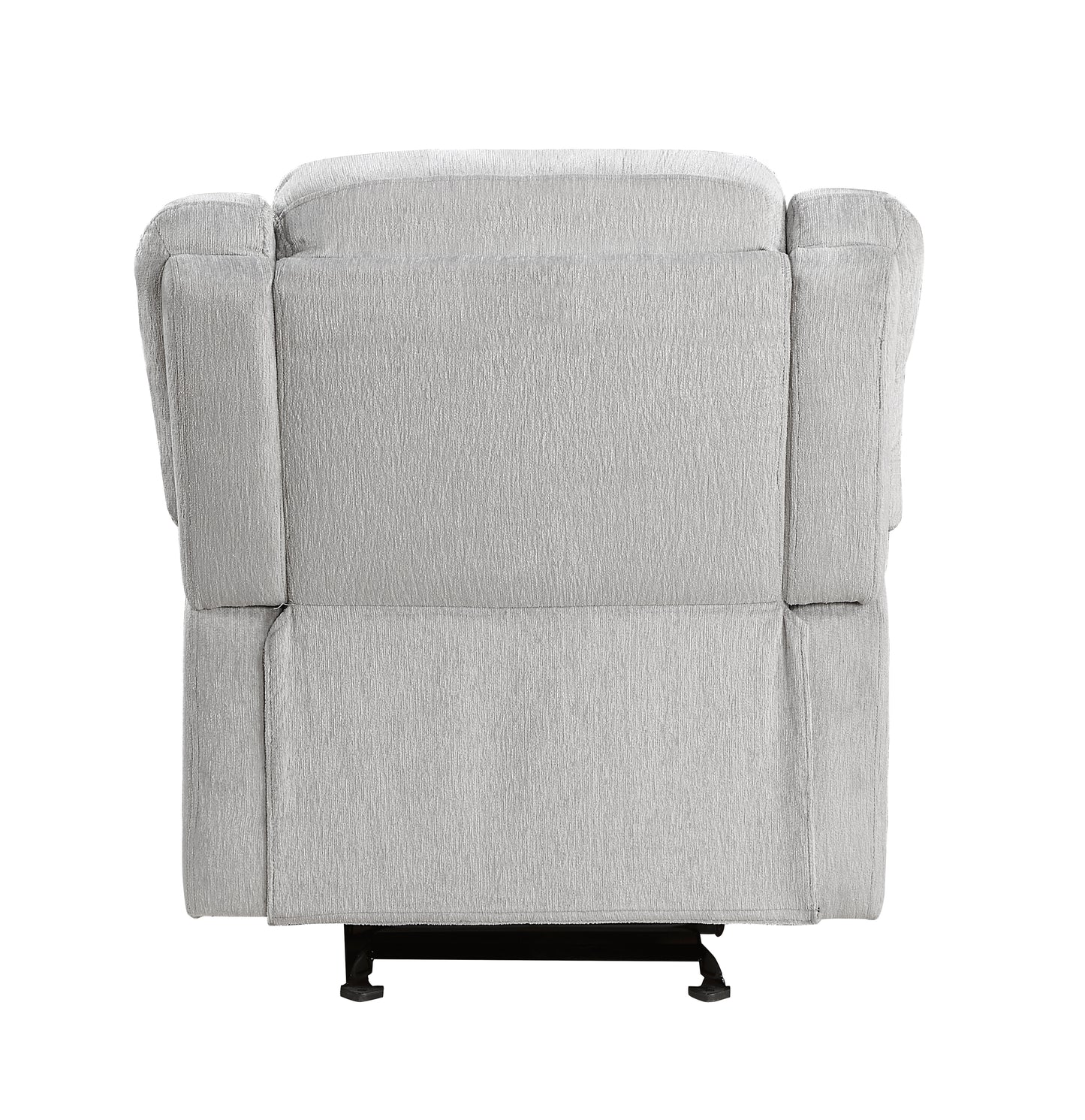 Back view of a light gray fabric recliner chair with padded arms and headrest