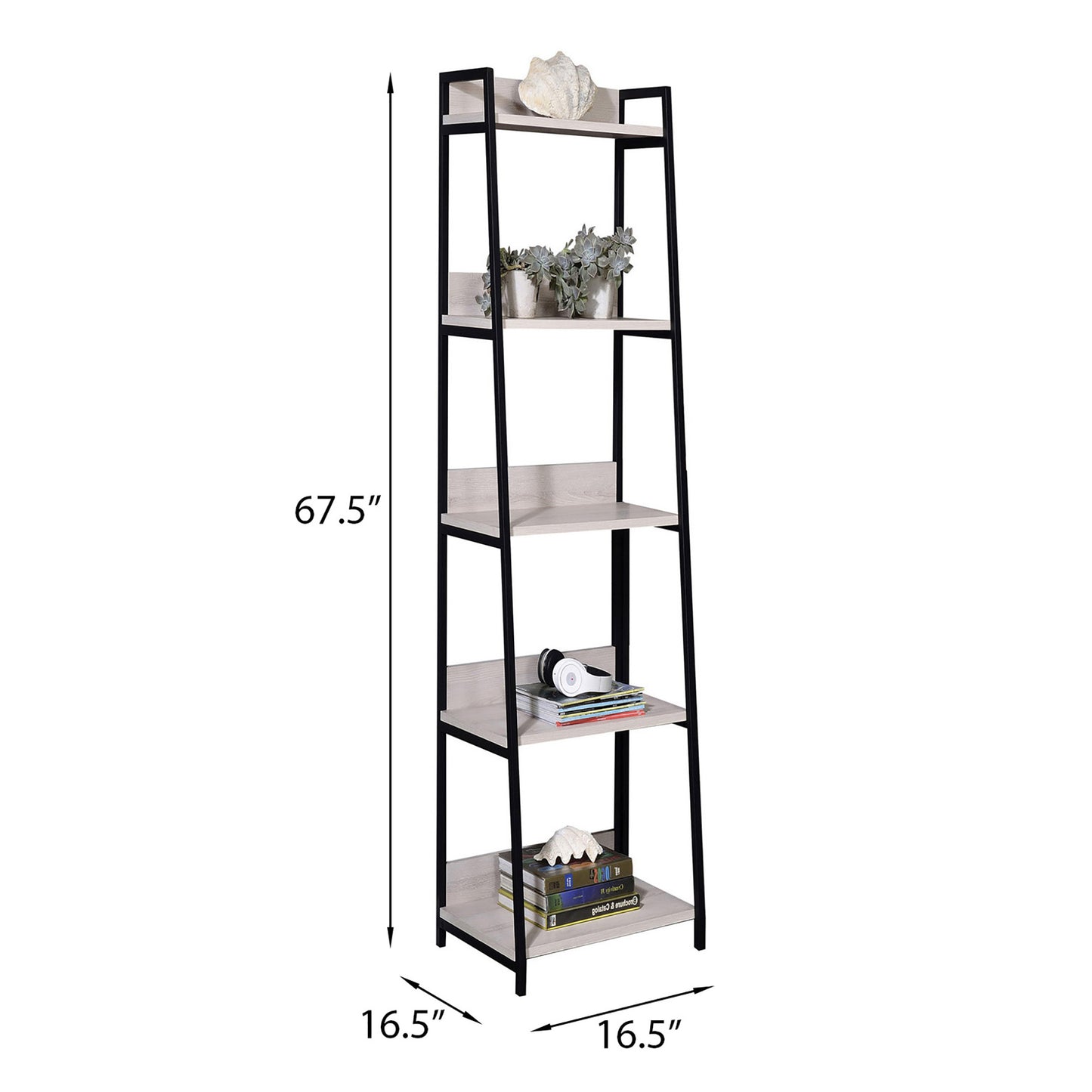 tier ladder shelf with black metal frame and light wood grain shelves for home organization