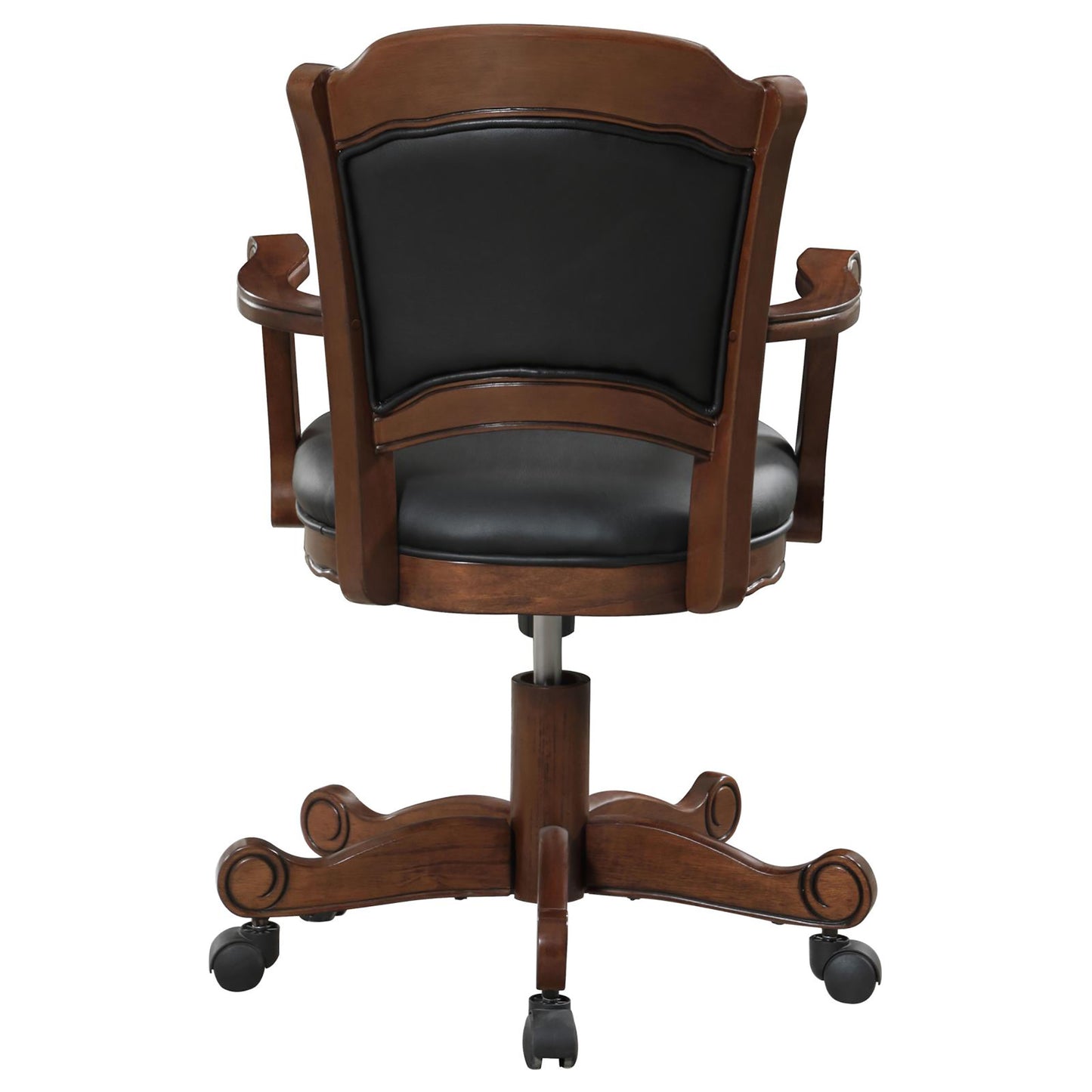 Dark wood executive chair with black leather upholstery and caster wheels for office use