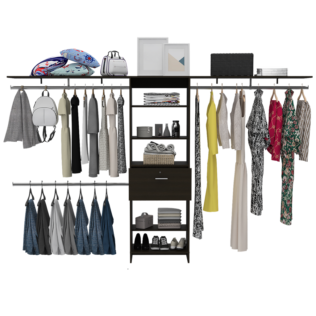 Grey knitted cardigan hanging on a modern closet rod