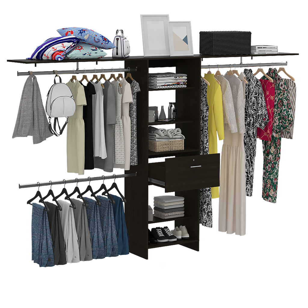 Dark wood closet organizer with hanging clothes