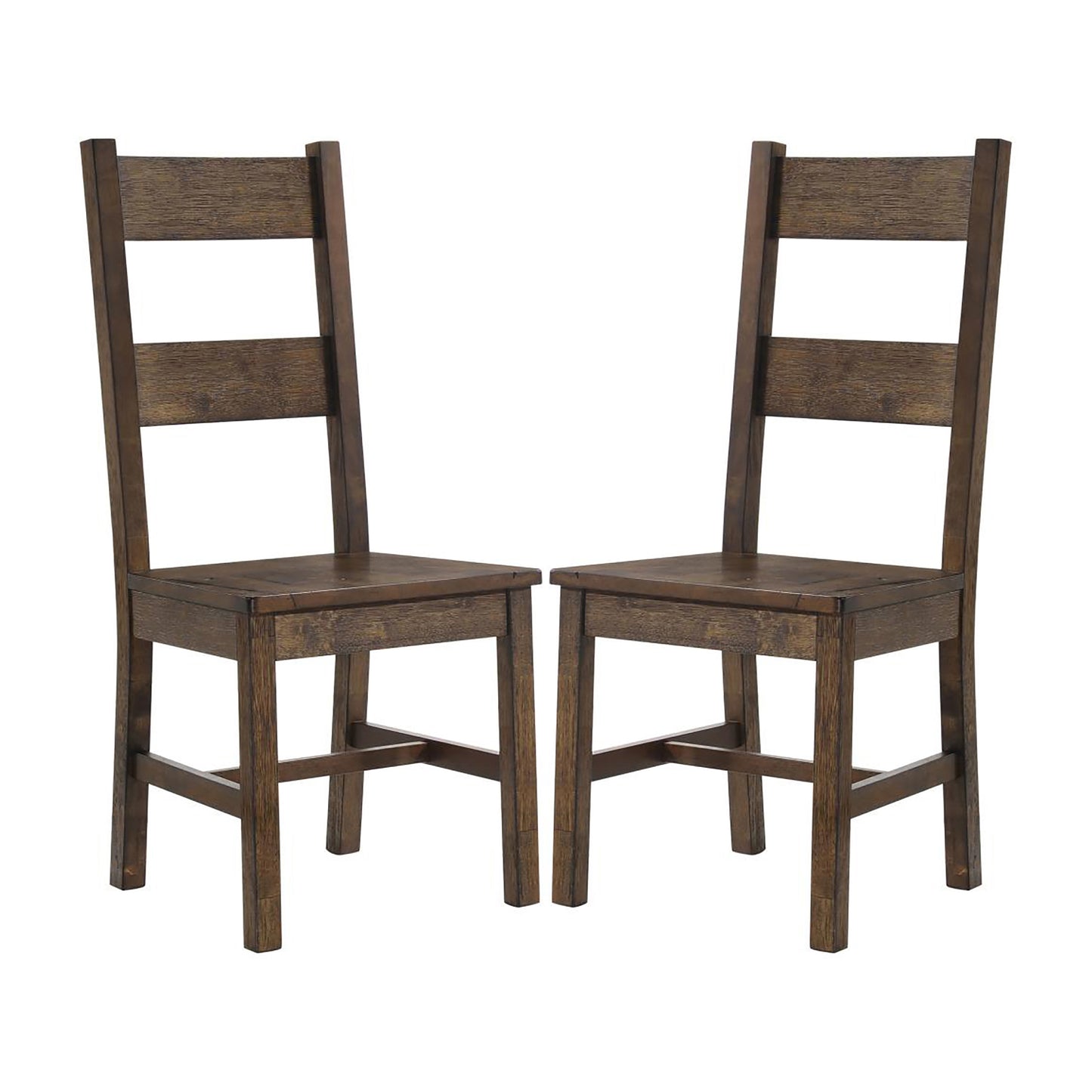Two dark brown wooden dining chairs with horizontal back slats and square seats