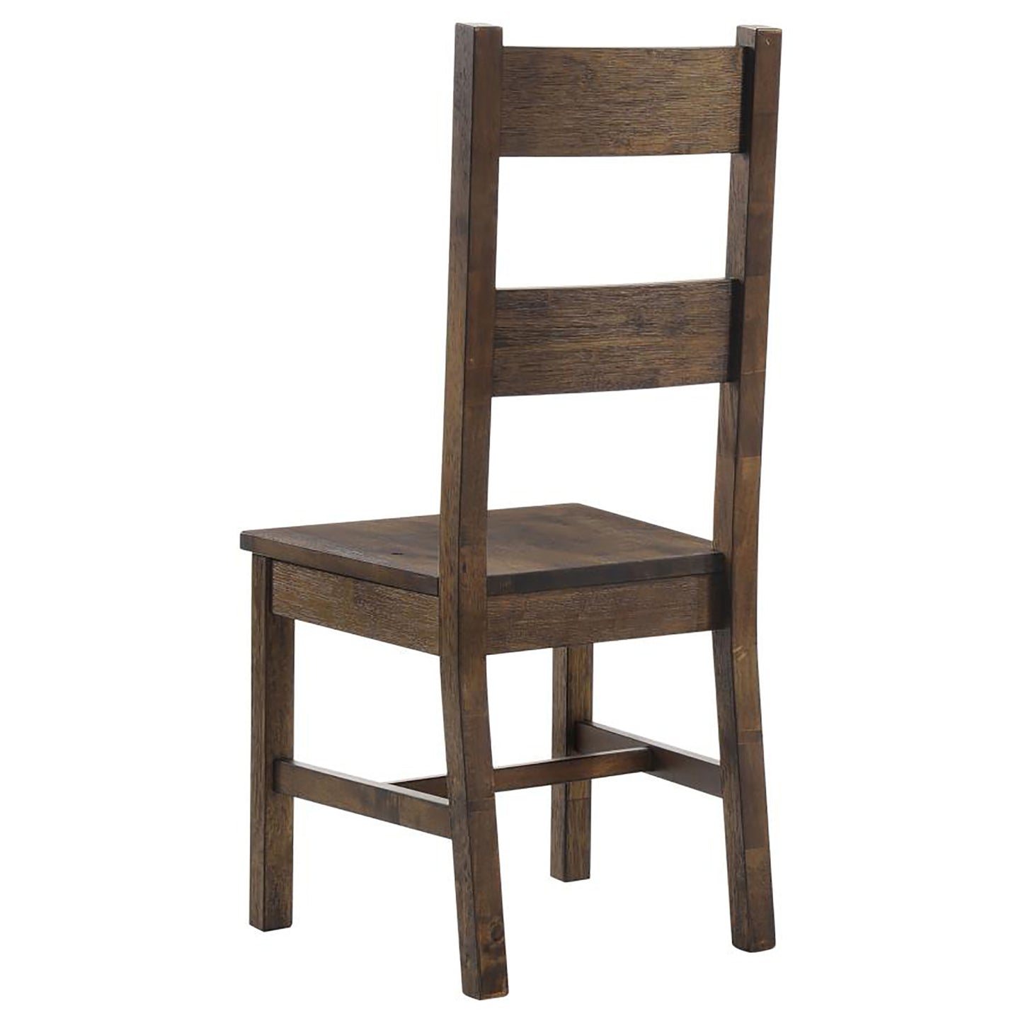 Back view of a rustic dark wood dining chair with a slatted back and square seat