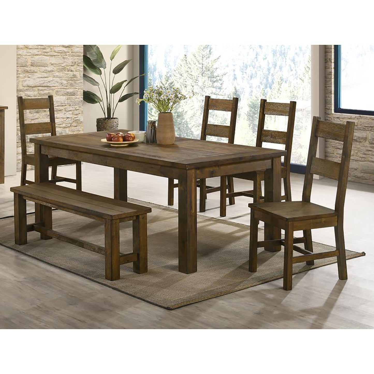 Rustic solid wood dining table with matching chairs and bench perfect for farmhouse dining