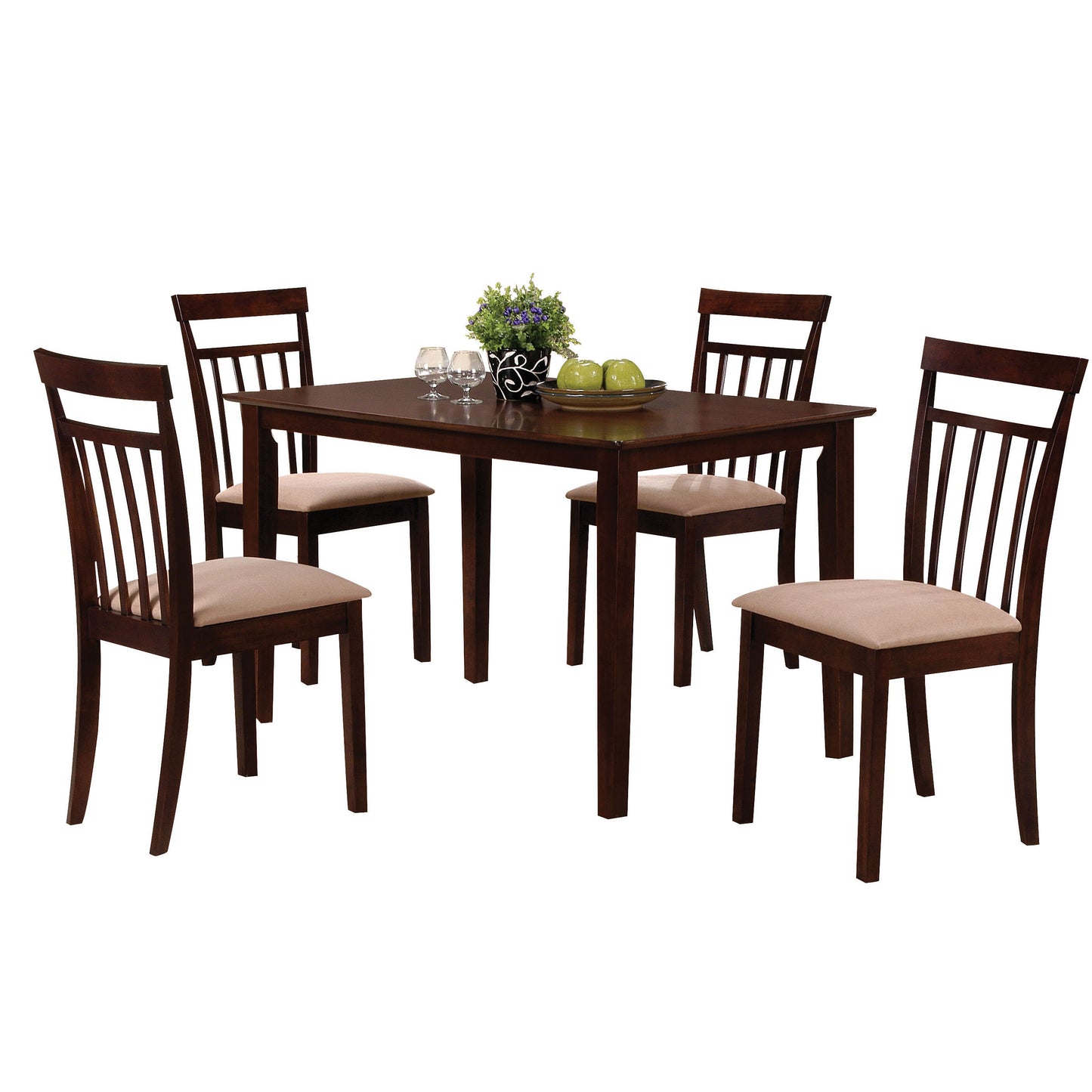 Dark brown wooden dining table with four slatted chairs and tan cushions